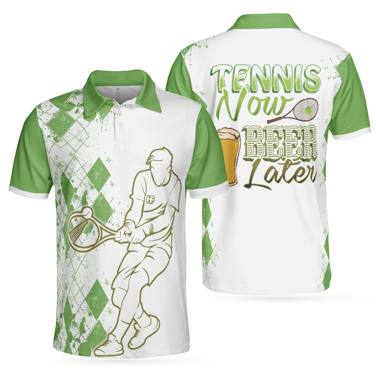 Tennis Now Beer Later Polo Shirt, White And Green Tennis Shirt For Men