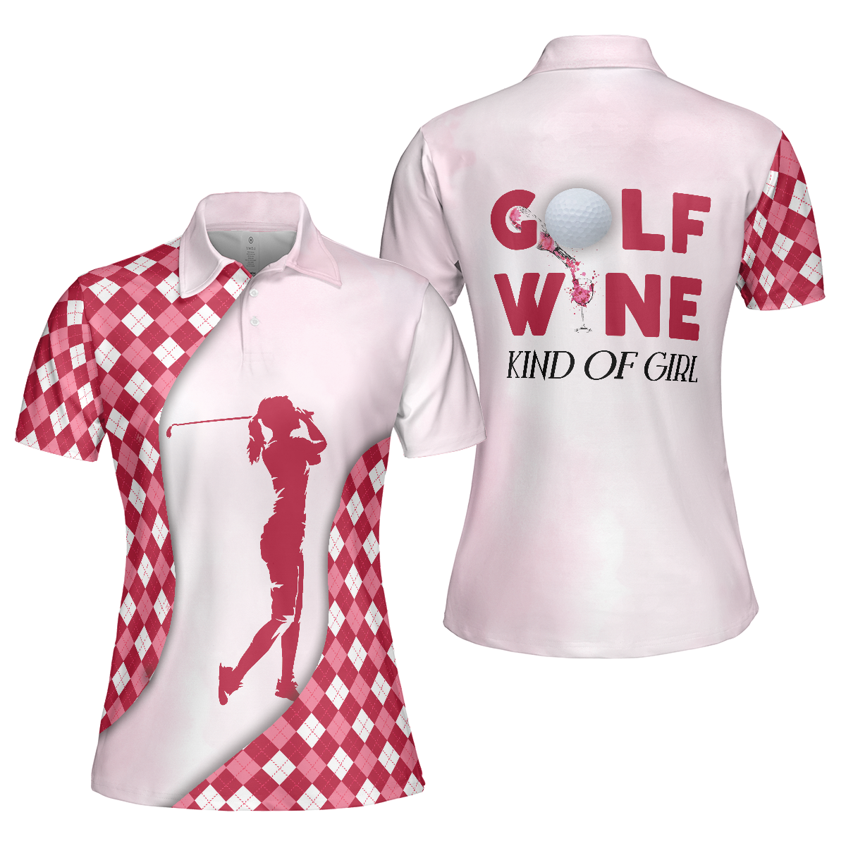 Golf And Wine Kind Of Girl Short Sleeve Women Polo Shirt, Pink Diamond Pattern Shirt For Golf Ladies