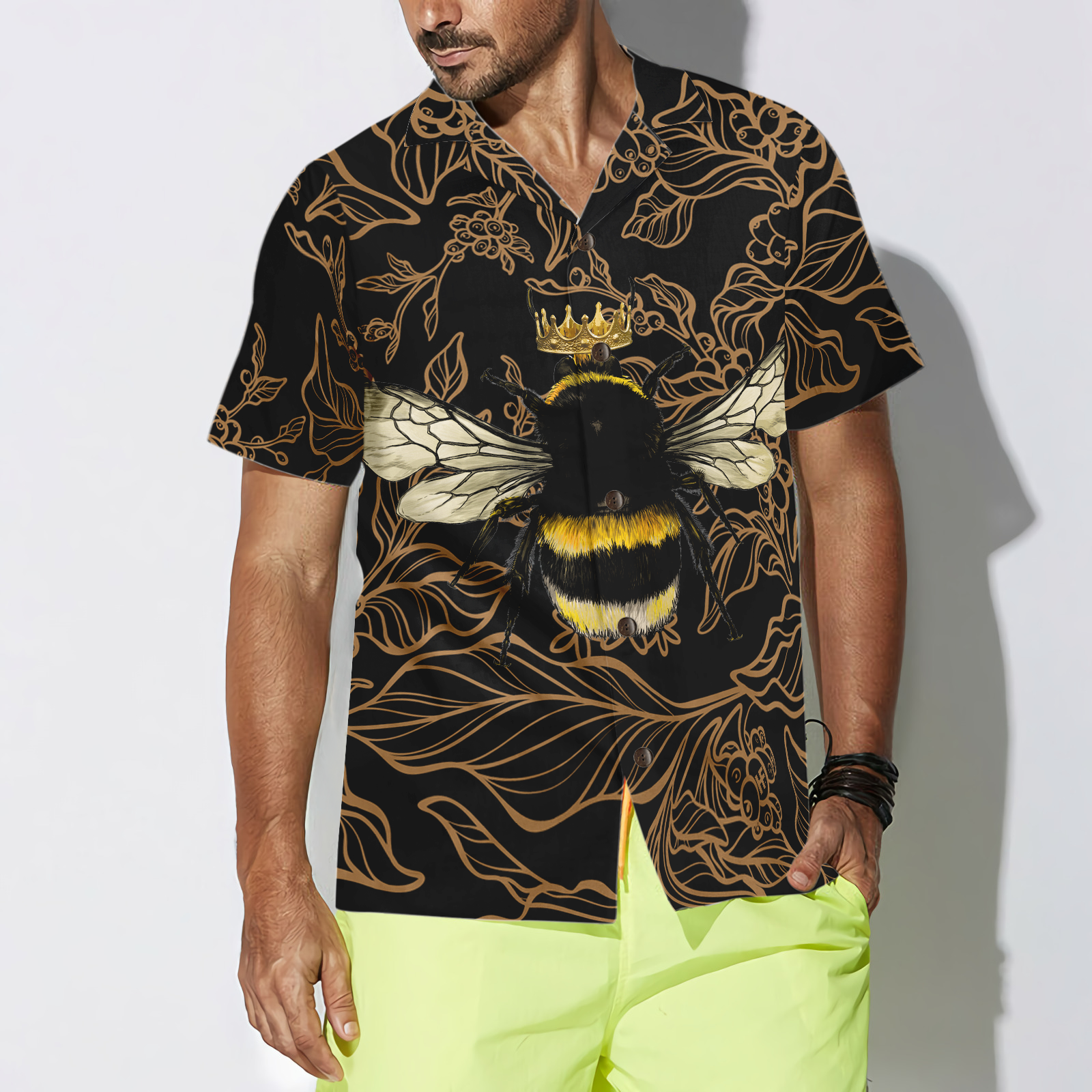 Golden Floral Bee Hawaiian Shirt