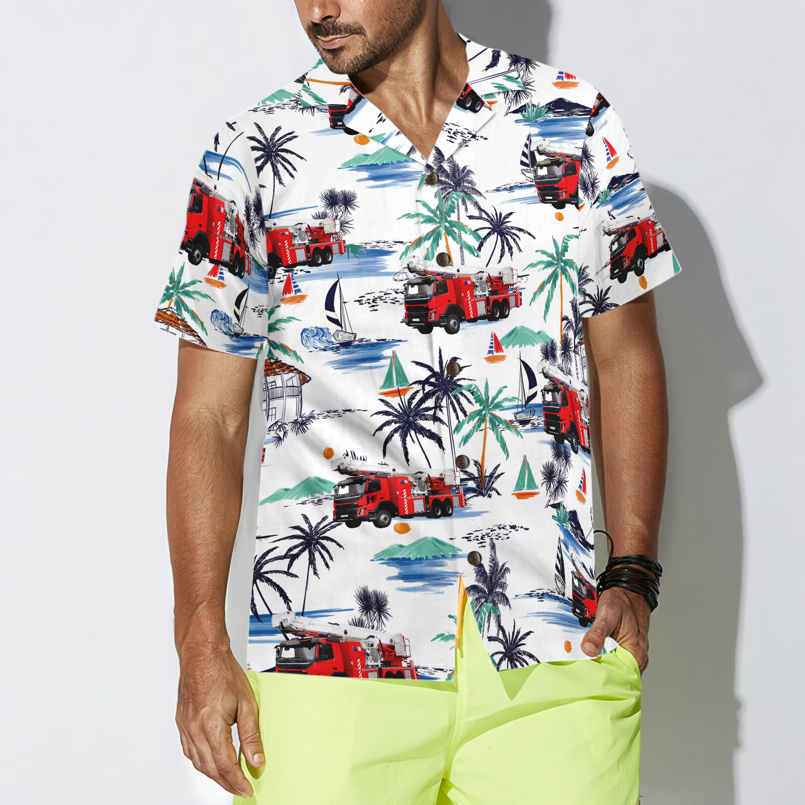 Fire Truck Friend Of Firefighter Hawaiian Shirt, White Tropical Red Fire Truck Firefighter Shirt For Men
