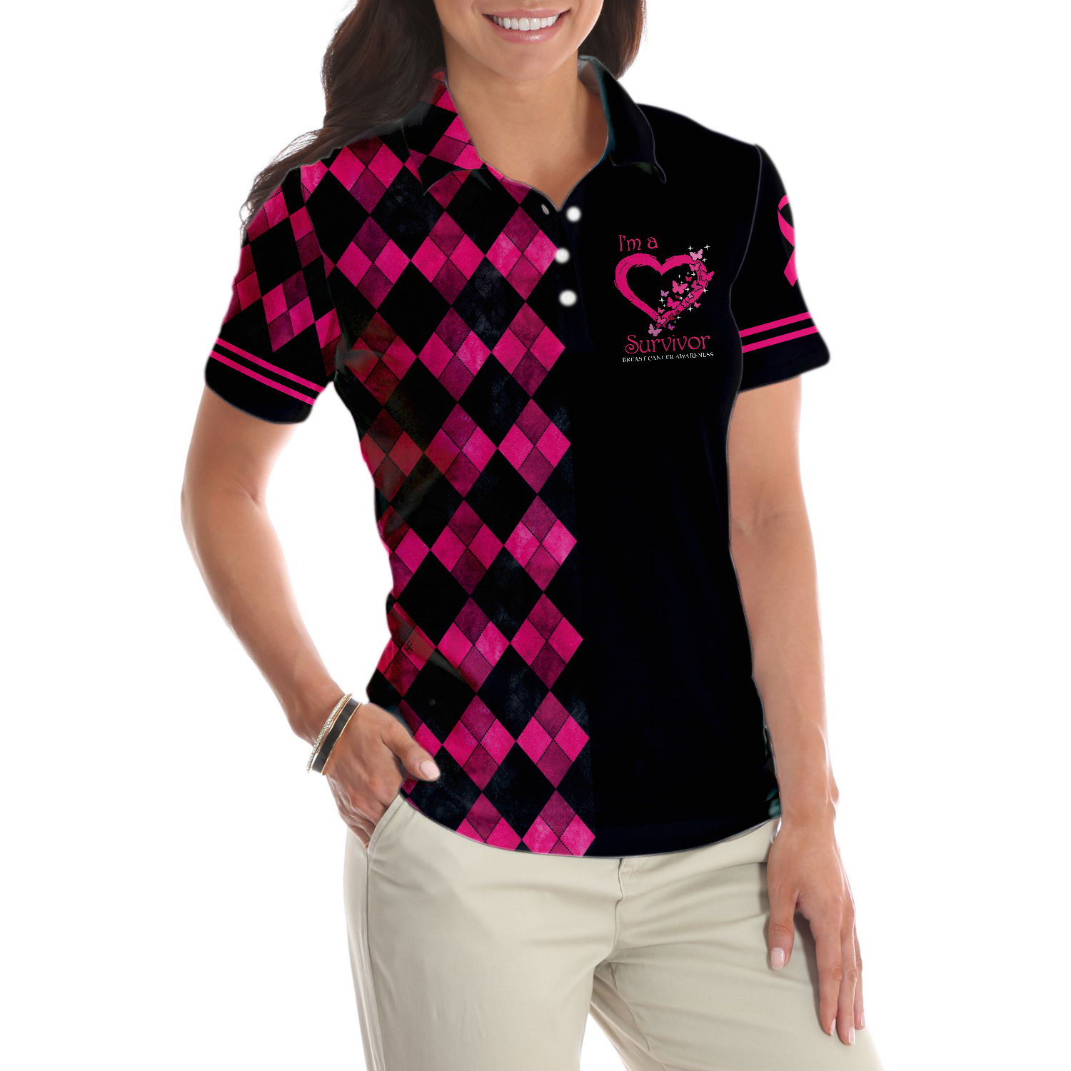 I'm A Survivor Breast Cancer Awareness Short Sleeve Women Polo Shirt, Black And Pink Argyle Pattern Shirt