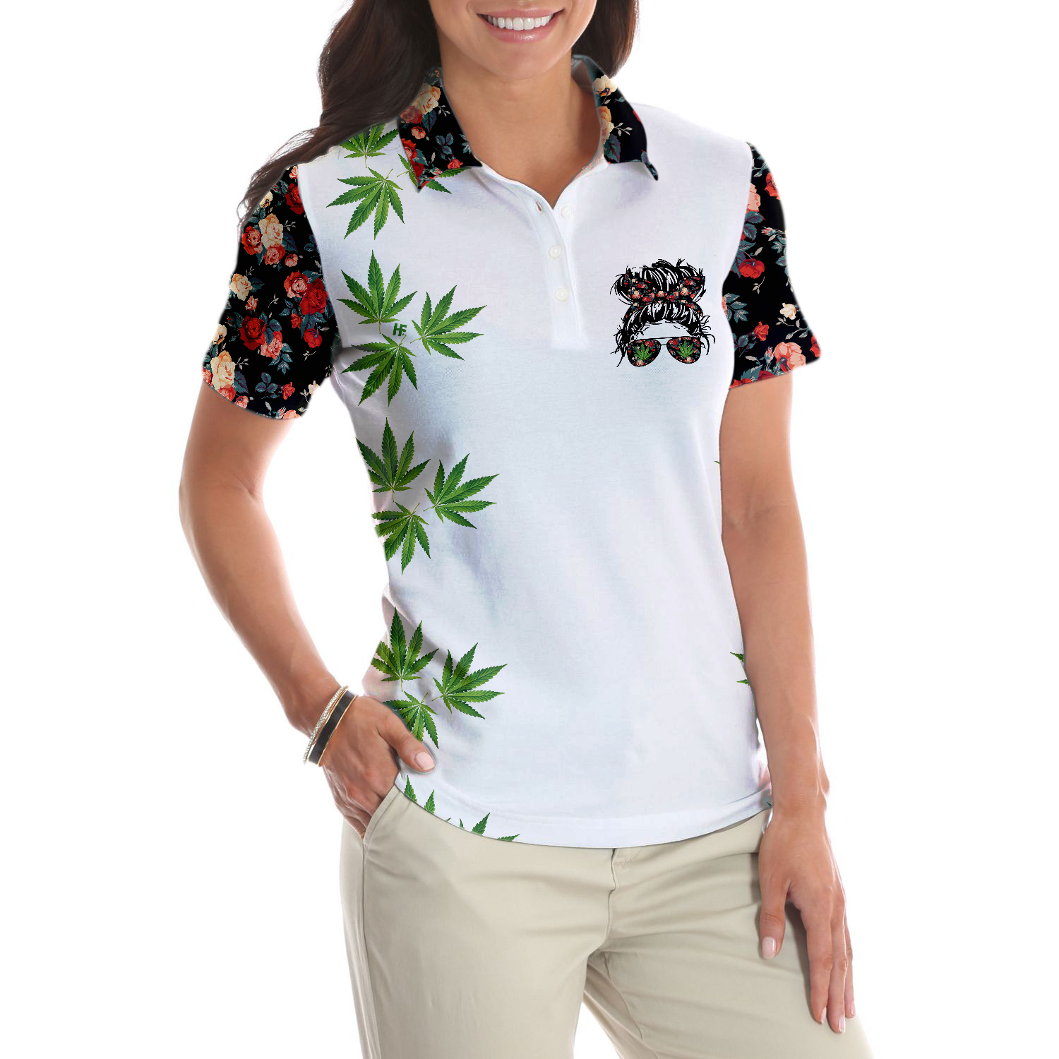 Weekend Forecast Smoking Weed Women Short Sleeve Polo Shirt, Floral And Weed Leaf Graphics Polo Shirt