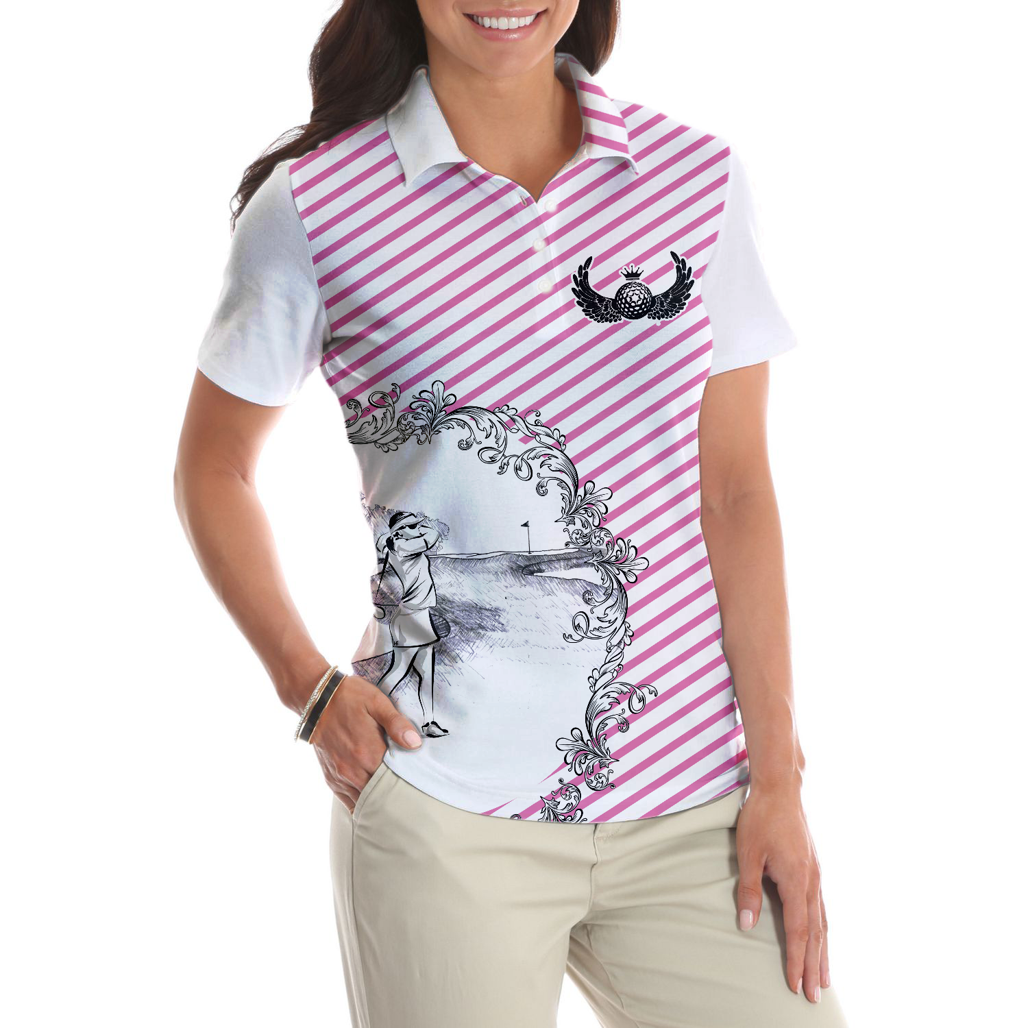 Pink Striped And Sketching Golf Girl Golf Short Sleeve Women Polo Shirt, Best Golfing Shirt For Ladies