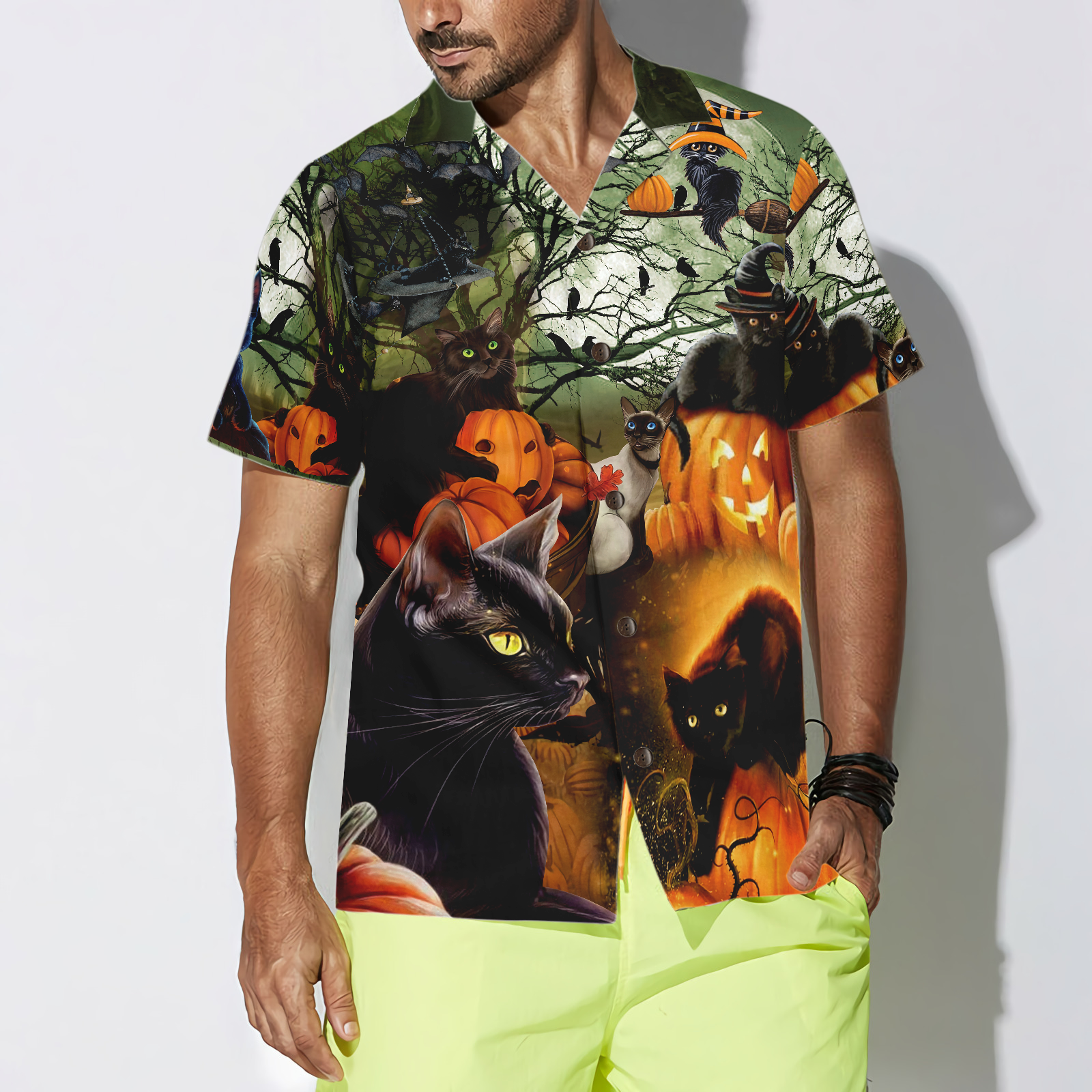 Black Cat & The Pumpkin Halloween Hawaiian Shirt, Halloween Shirt For Men And Women