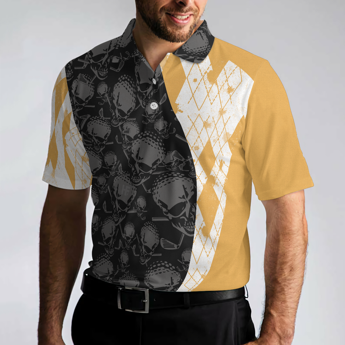 Golf Coach Polo Shirt, Black Skull Pattern Golf Shirt For Male Golfers, Argyle Pattern Golfing Shirt