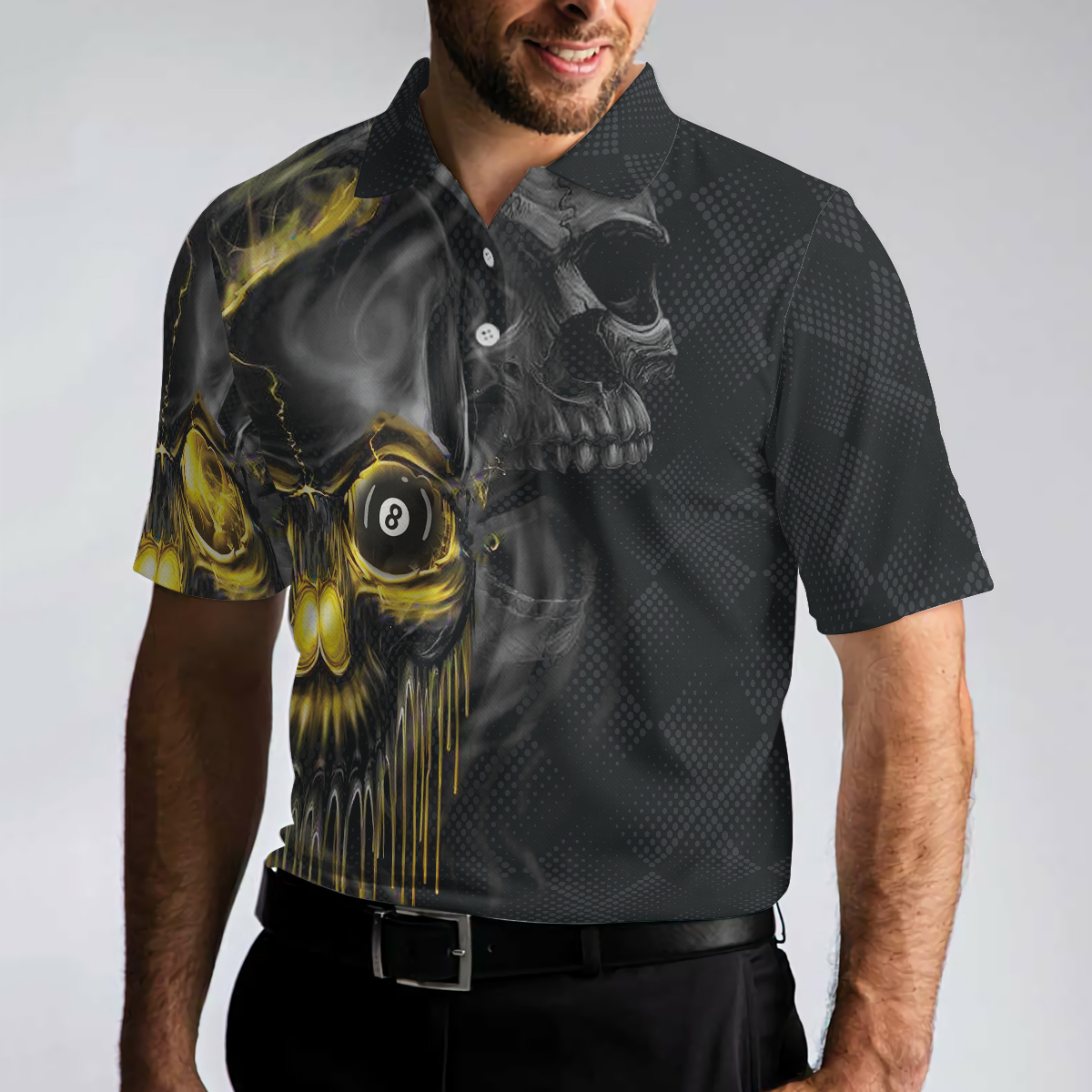 Skull Billiards Polo Shirt, Black Skull Billiards Shirt Design For Men, Scary Halloween Gift Idea