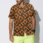 Grinning Black Cats Halloween Hawaiian Shirt For Men, Black And Pumpkin Orange Harlequin Pattern Hawaiian Shirt