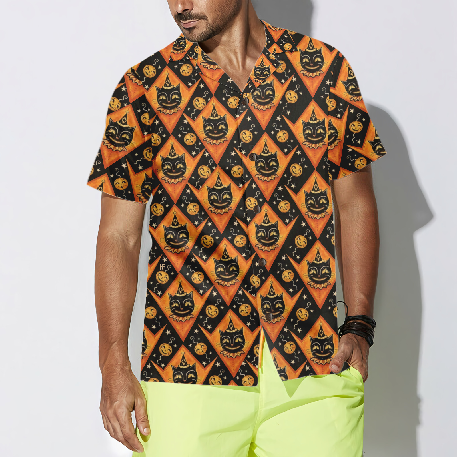 Grinning Black Cats Halloween Hawaiian Shirt For Men, Black And Pumpkin Orange Harlequin Pattern Hawaiian Shirt