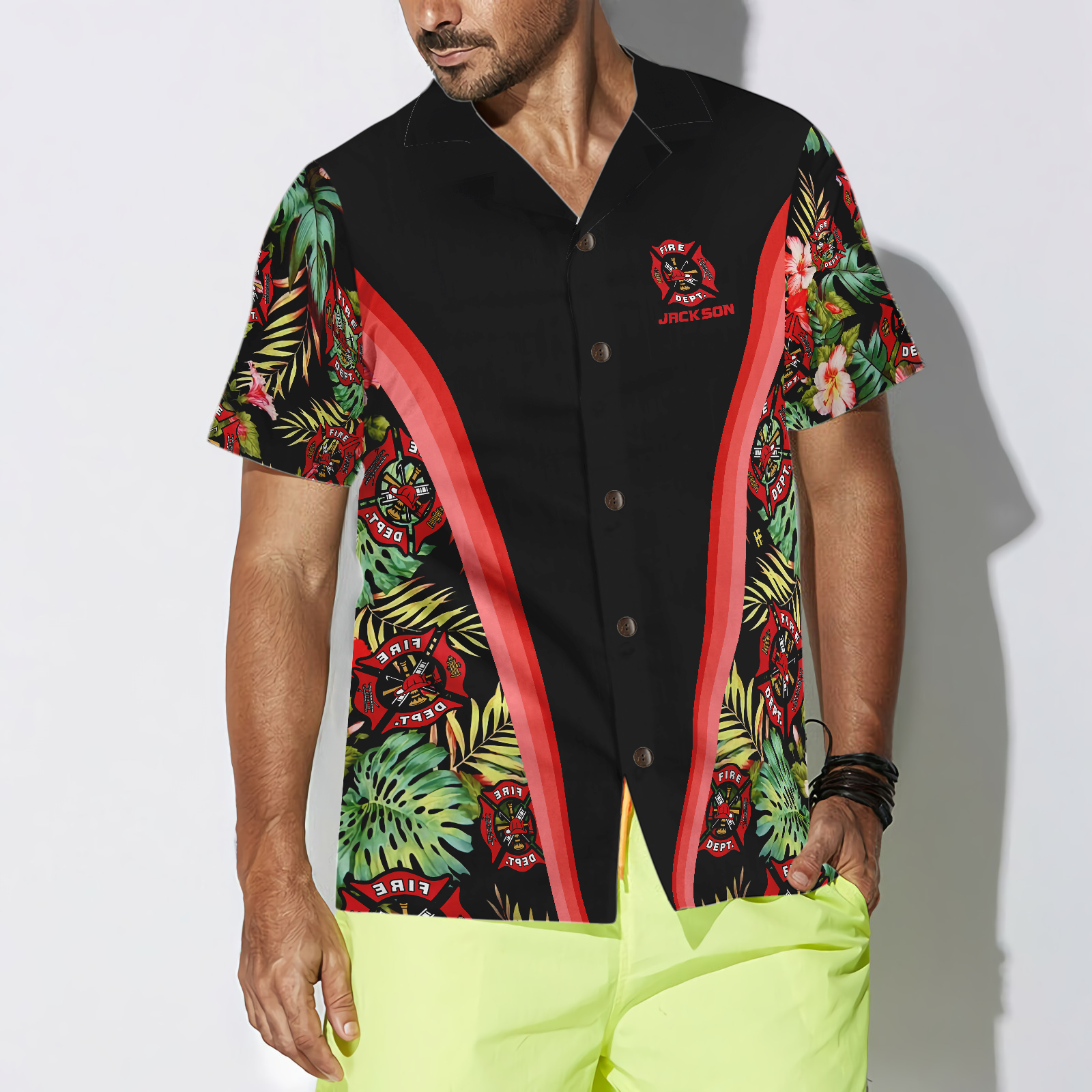 Firefighter Tropical Custom Hawaiian Shirt, Personalized Floral And Leaves Fire Dept Logo Firefighter Hawaiian Shirt