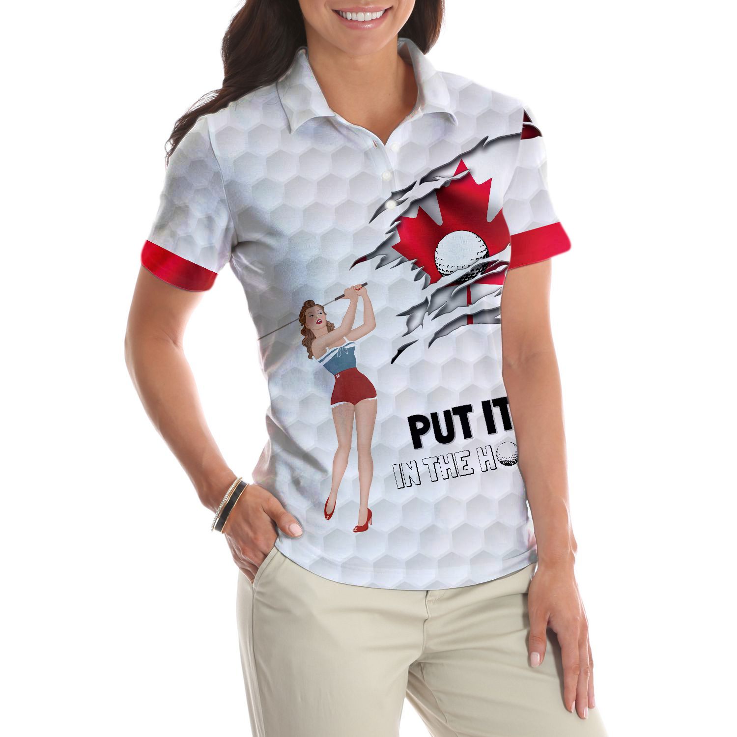 Golf Canada Flag Pin Up Girl Short Sleeve Women Polo Shirt, Canadian Golf Shirt For Ladies