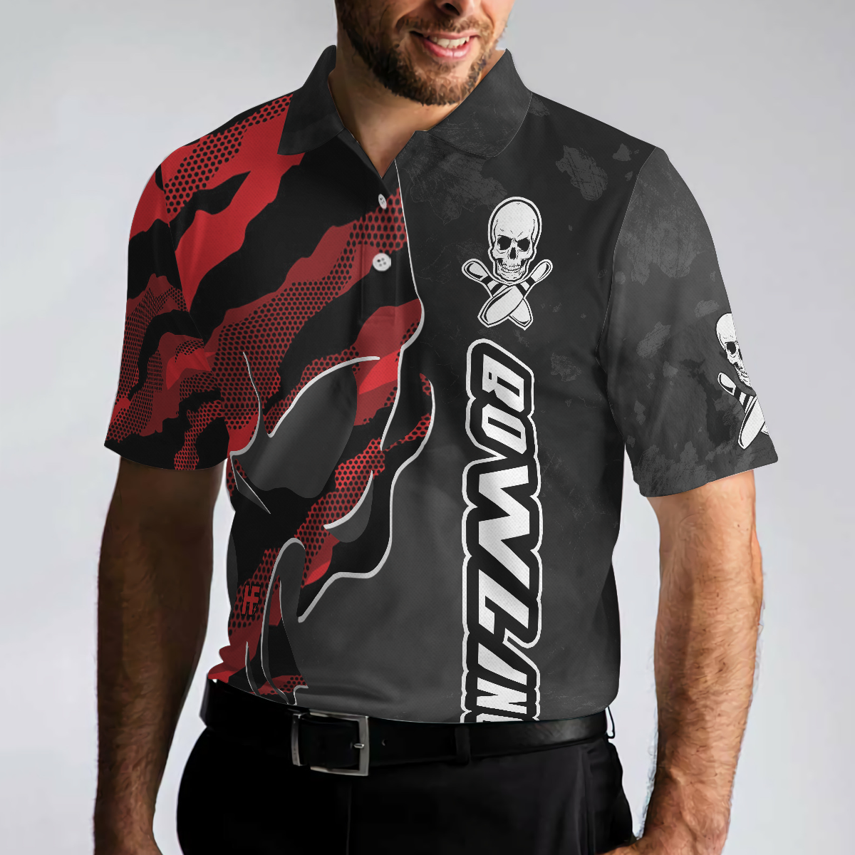 Coolest Skull Bowling With Camouflage Pattern Bowling Polo Shirt, Camo Bowling Shirt For Men