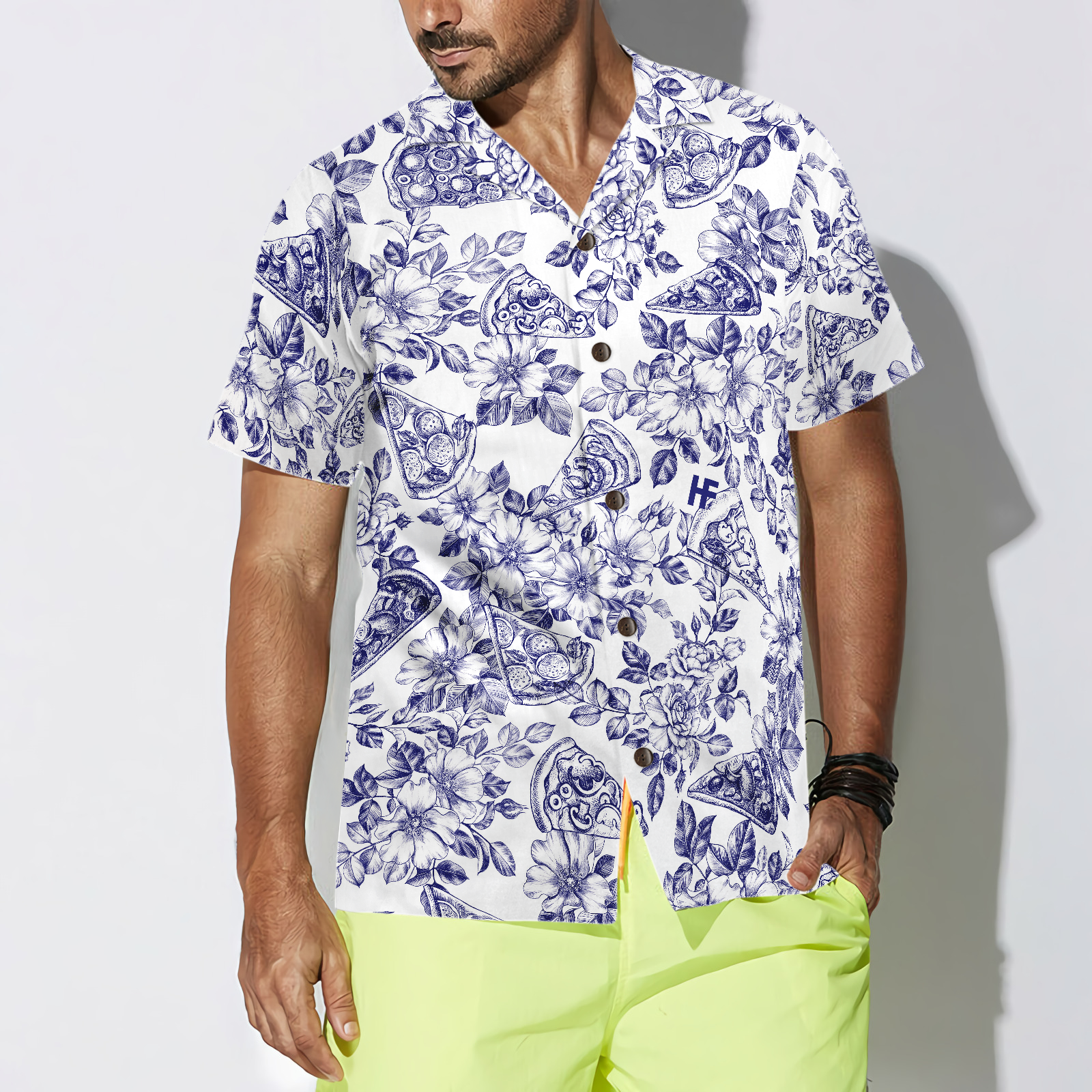 Blue Floral Pizza Pattern Shirt Hawaiian Shirt