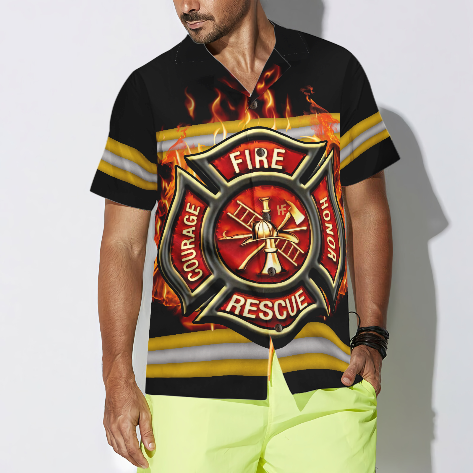 Courage And Honor Fire Dept Badge Firefighter Hawaiian Shirt, Uniform And Cross Axes Firefighter Shirt For Men