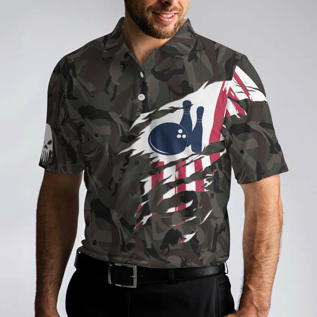 Hand Instruction American Flag Camouflage Bowling Polo Shirt, Camo Bowling Shirt For Men