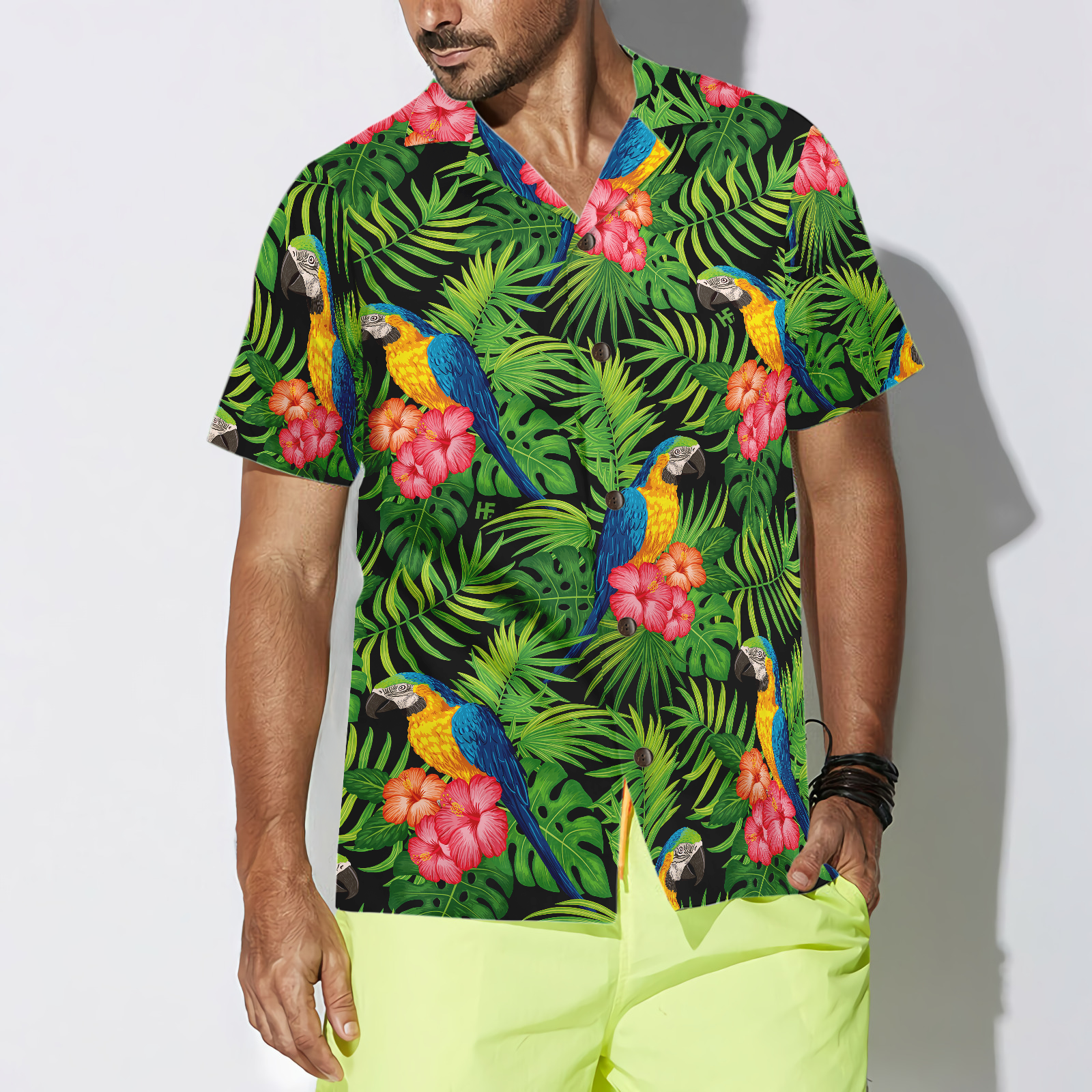 Parrots Hibiscus And Palm Leaves Hawaiian Shirt