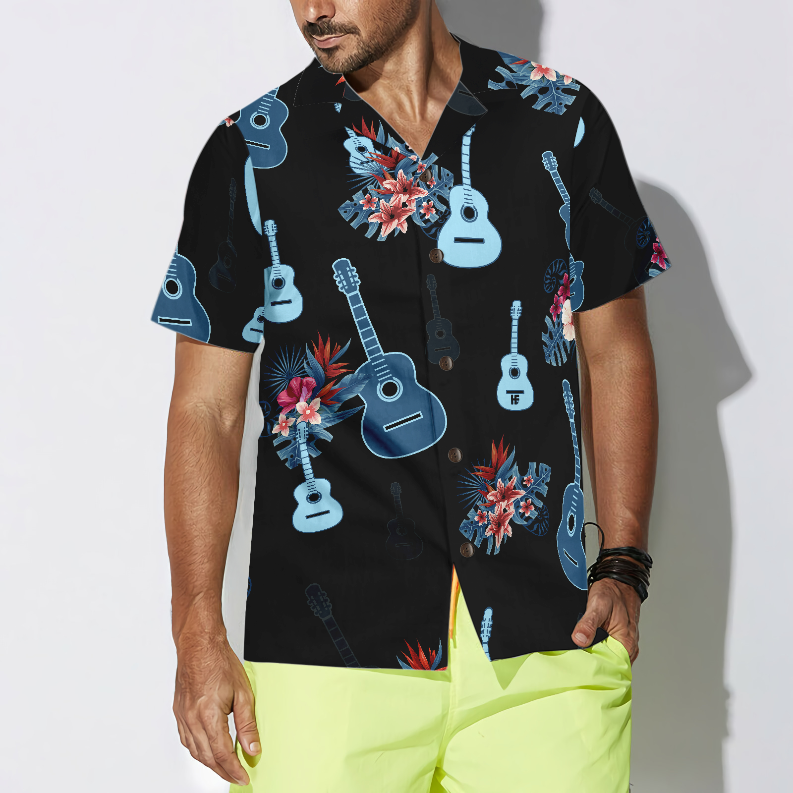 Tropical Guitar & Leaves Hawaiian Shirt