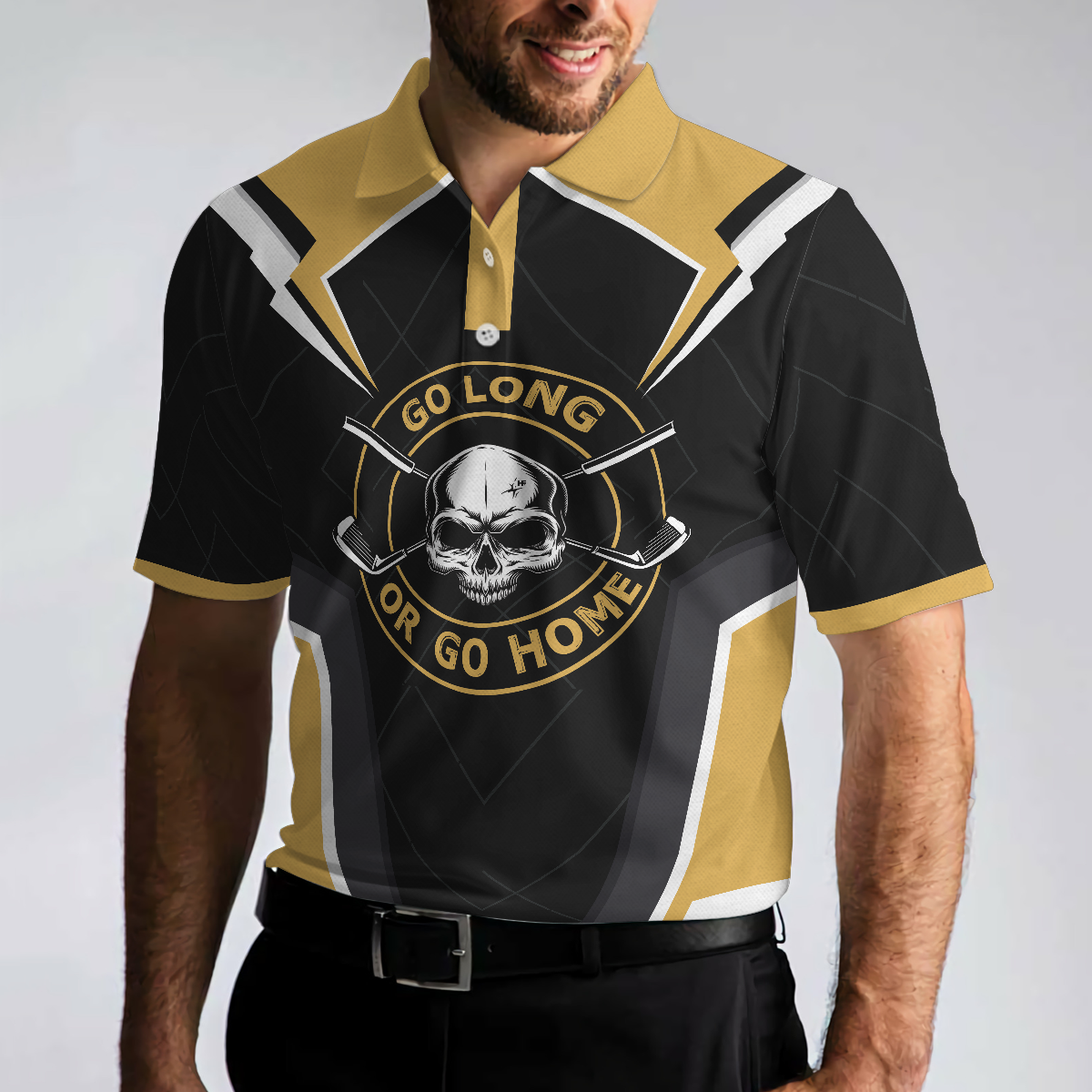 Go Long Or Go Home Golf Polo Shirt, Black Skull Golf Shirt For Men, Cool Golfing Shirt With Sayings