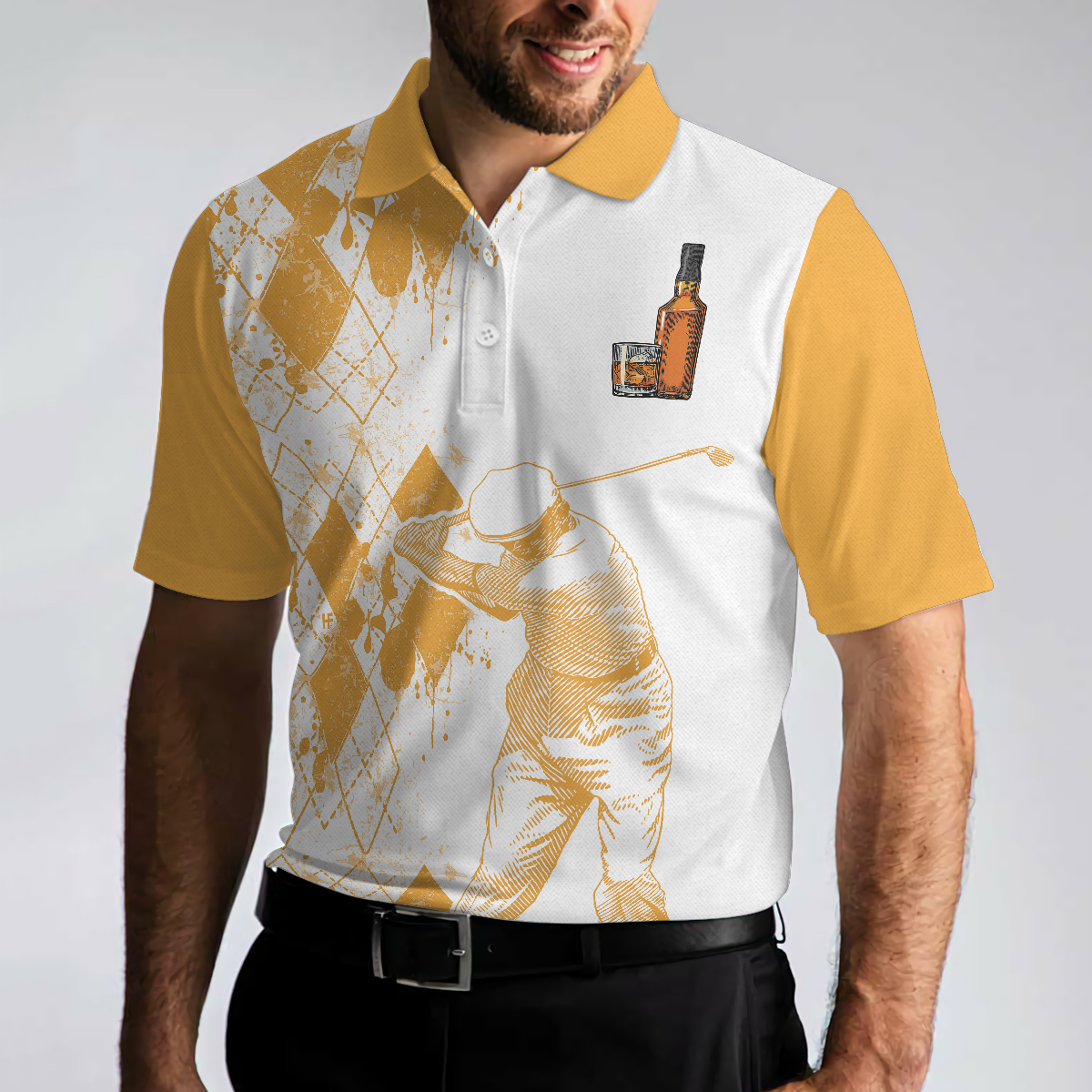 Golf And Wine Polo Shirt, Orange Argyle Pattern Golf Shirt For Male Players, Funny Golf Shirt With Sayings