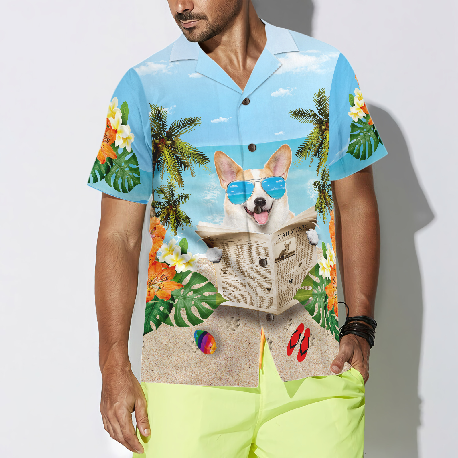 Corgi Wears Sunglasses Hawaiian Shirt