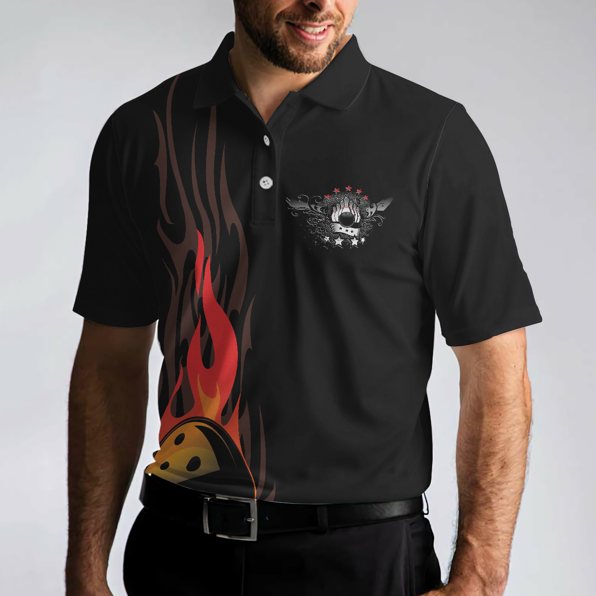 Life Is Like Bowling Keep Your Eyes On The Balls Bowling Polo Shirt, Black Flame Bowling Ball Polo Shirt For Men