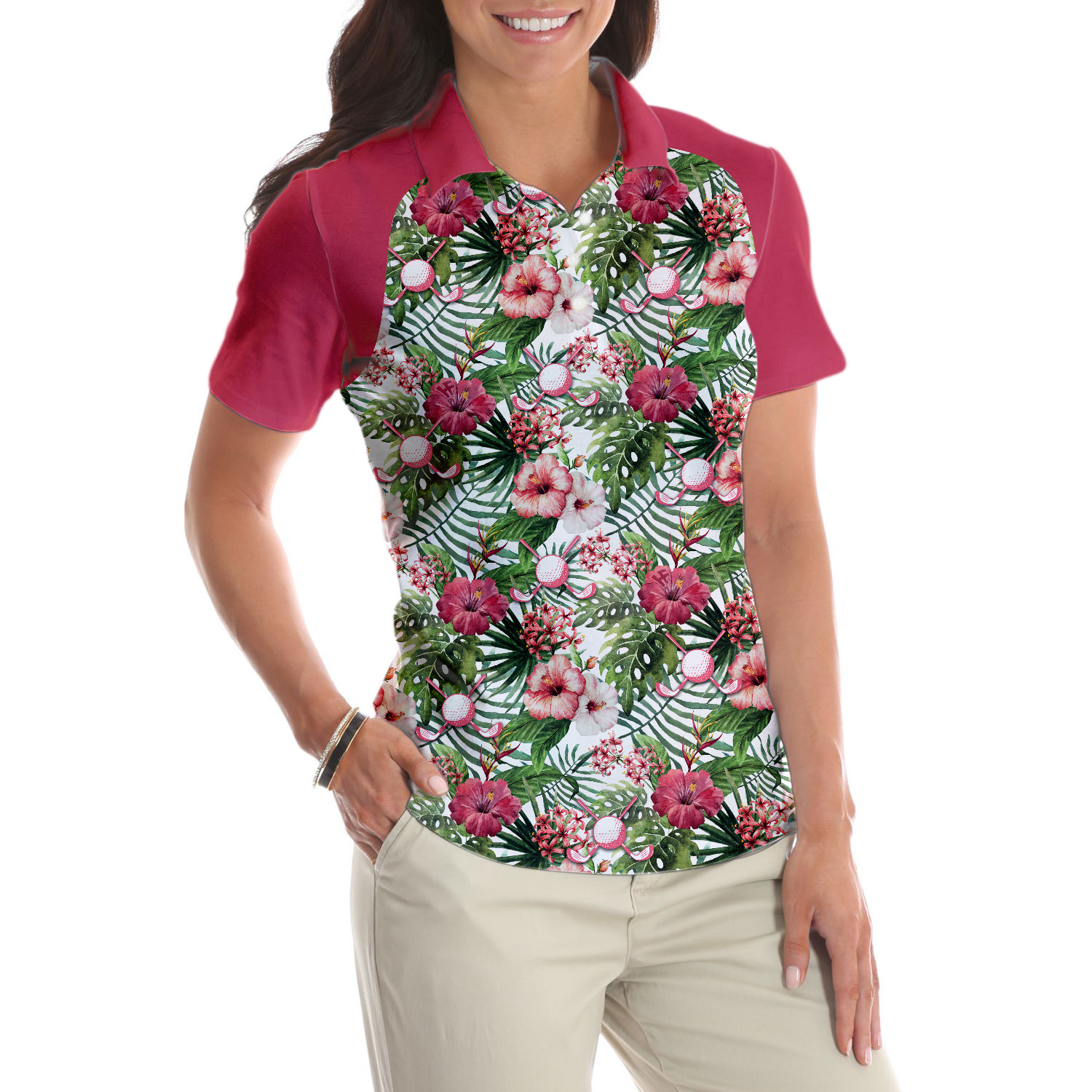 Golf Ball On Tropical Flowers Background Short Sleeve Women Polo Shirt