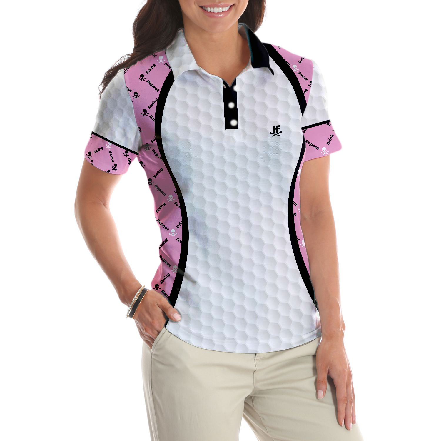 Swing Swear And Repeat Golf Girl Life Golf Short Sleeve Women Polo Shirt, Argyle Pattern Golf Shirt For Ladies