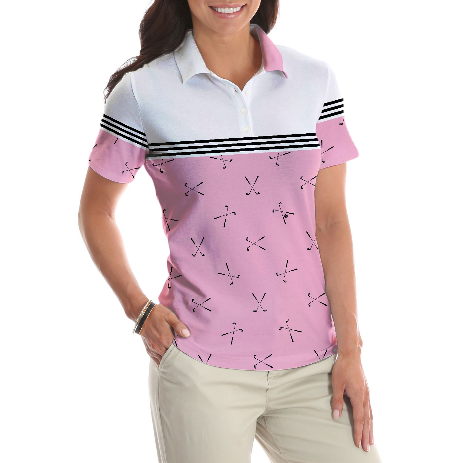 Hole In One Pink Golf Short Sleeve Women Polo Shirt, Golf Club Repeat Pattern Golfing Shirt, Pink Shirt For Women