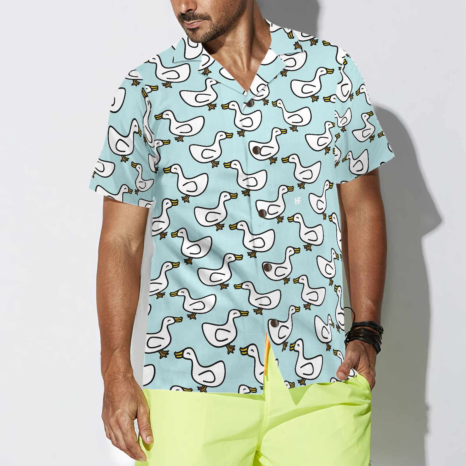 White Duck Cartoon In Blue Hawaiian Shirt
