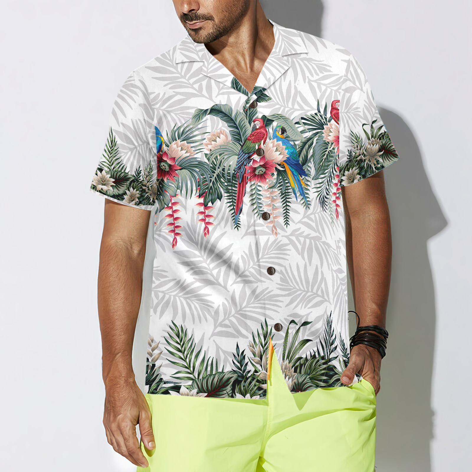 Vintage Botanical Lotus And Macaw Parrot Hawaiian Shirt