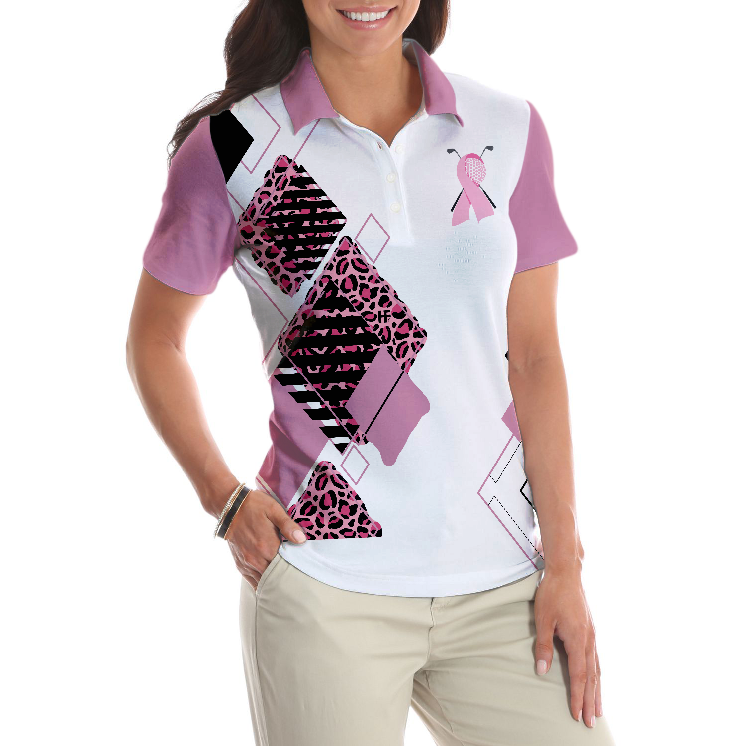 Golf Girl In October We Wear Pink Short Sleeve Women Polo Shirt, White And Pink Breast Cancer Awareness Shirt