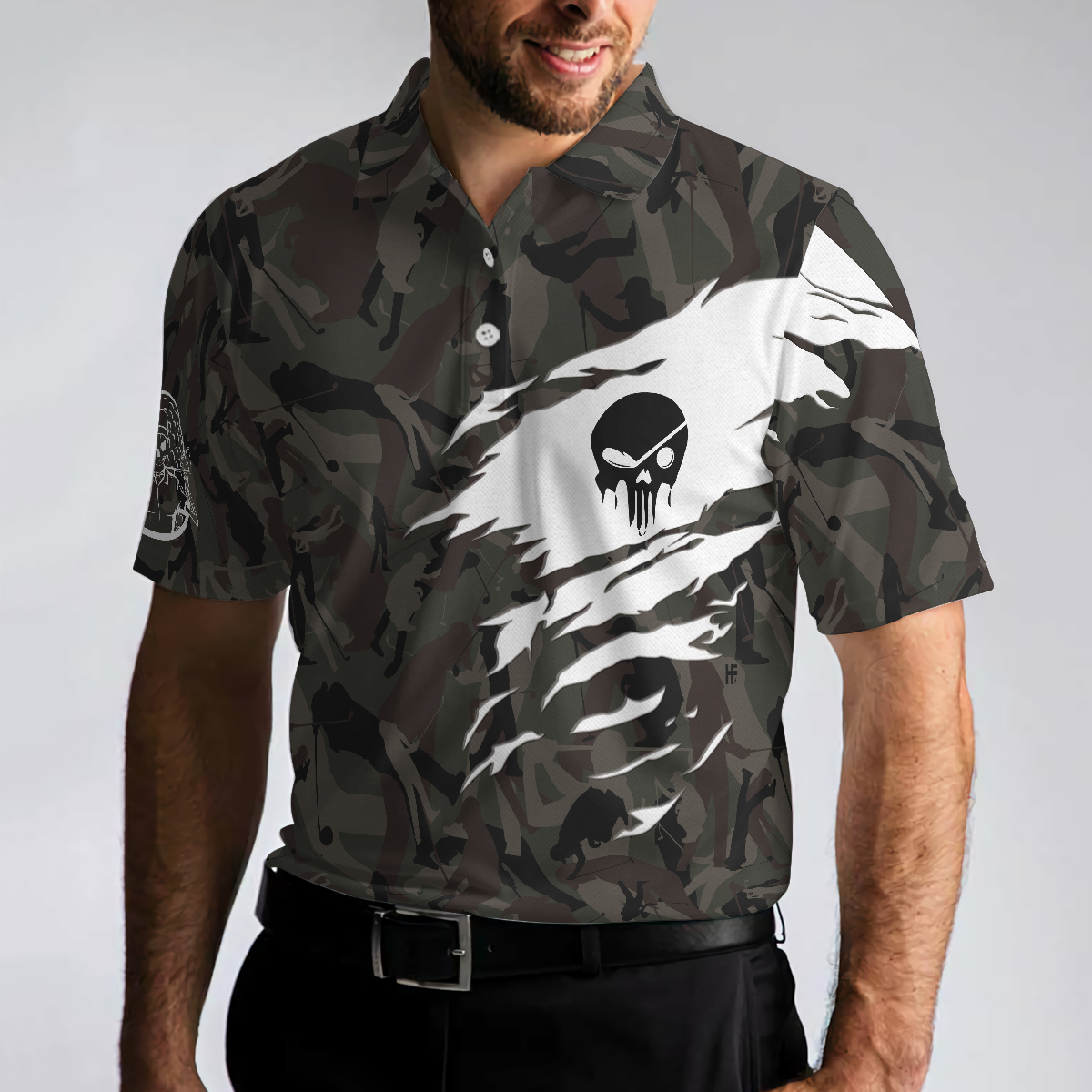 Never Underestimate An Old Man Camouflage Pattern Skull Polo Shirt, Army Skeleton Golfer Polo Shirt, Camo Golf Shirt For Men