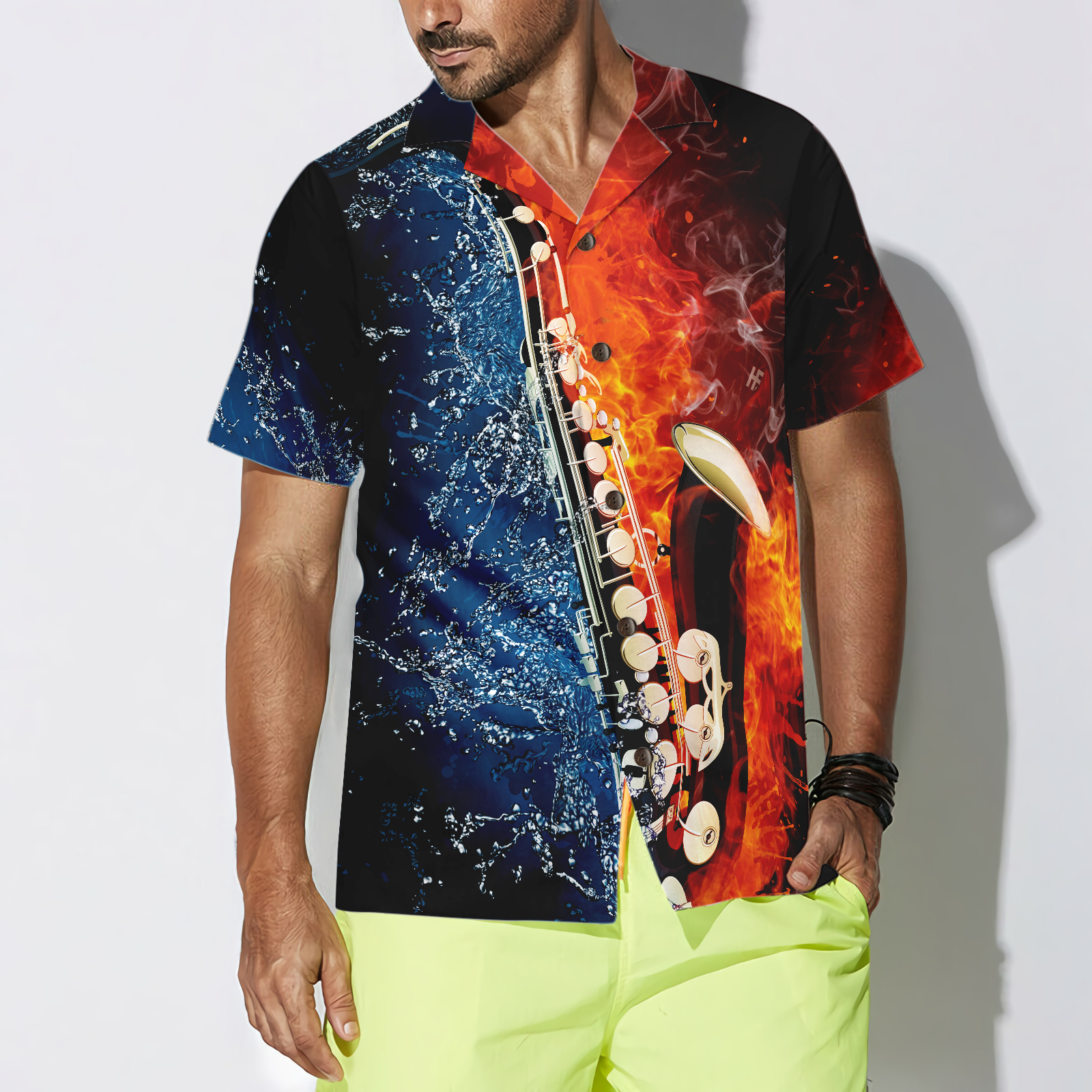 Saxophone With Water And Flame Hawaiian Shirt