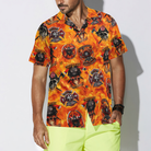 First In Last Out Firefighter Hawaiian Shirt, Viking Style Flame Skull Shield Firefighter Shirt For Men