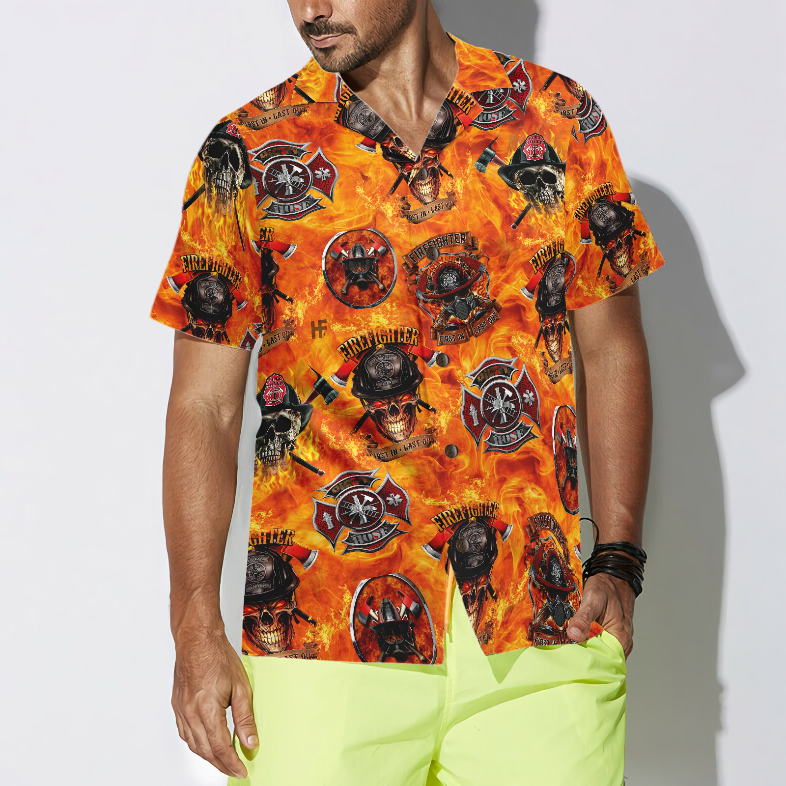 First In Last Out Firefighter Hawaiian Shirt, Viking Style Flame Skull Shield Firefighter Shirt For Men
