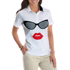 Sunglasses And Sexy Red Lips Golf Short Sleeve Women Polo Shirt, Unique White Golf Shirt For Ladies