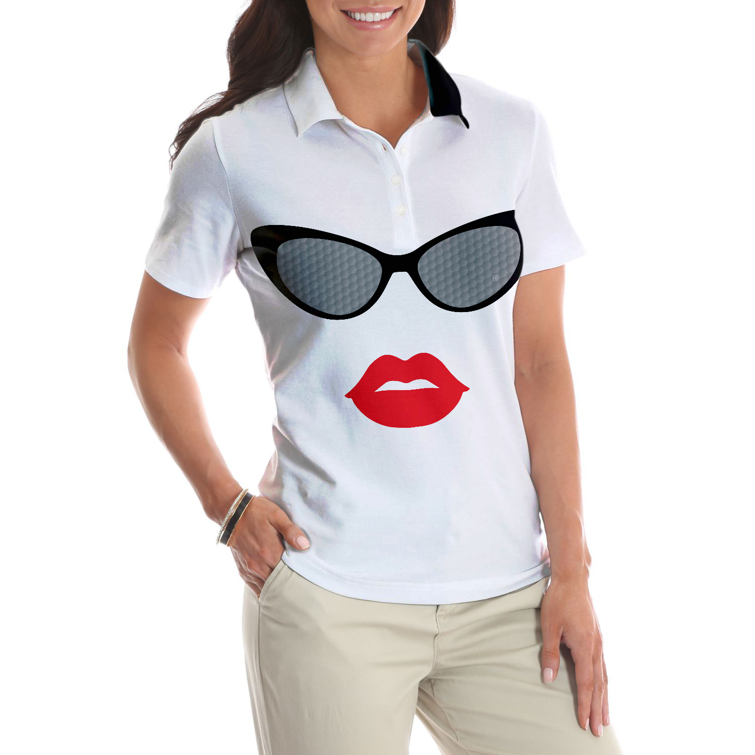 Sunglasses And Sexy Red Lips Golf Short Sleeve Women Polo Shirt, Unique White Golf Shirt For Ladies