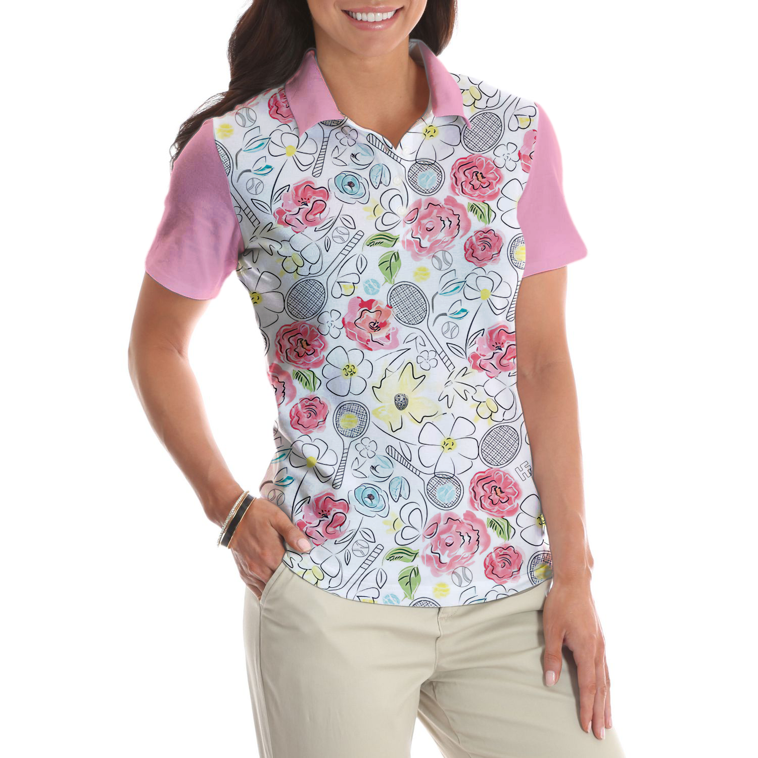 Lovely Pink Floral Tennis Pattern Short Sleeve Women Polo Shirt
