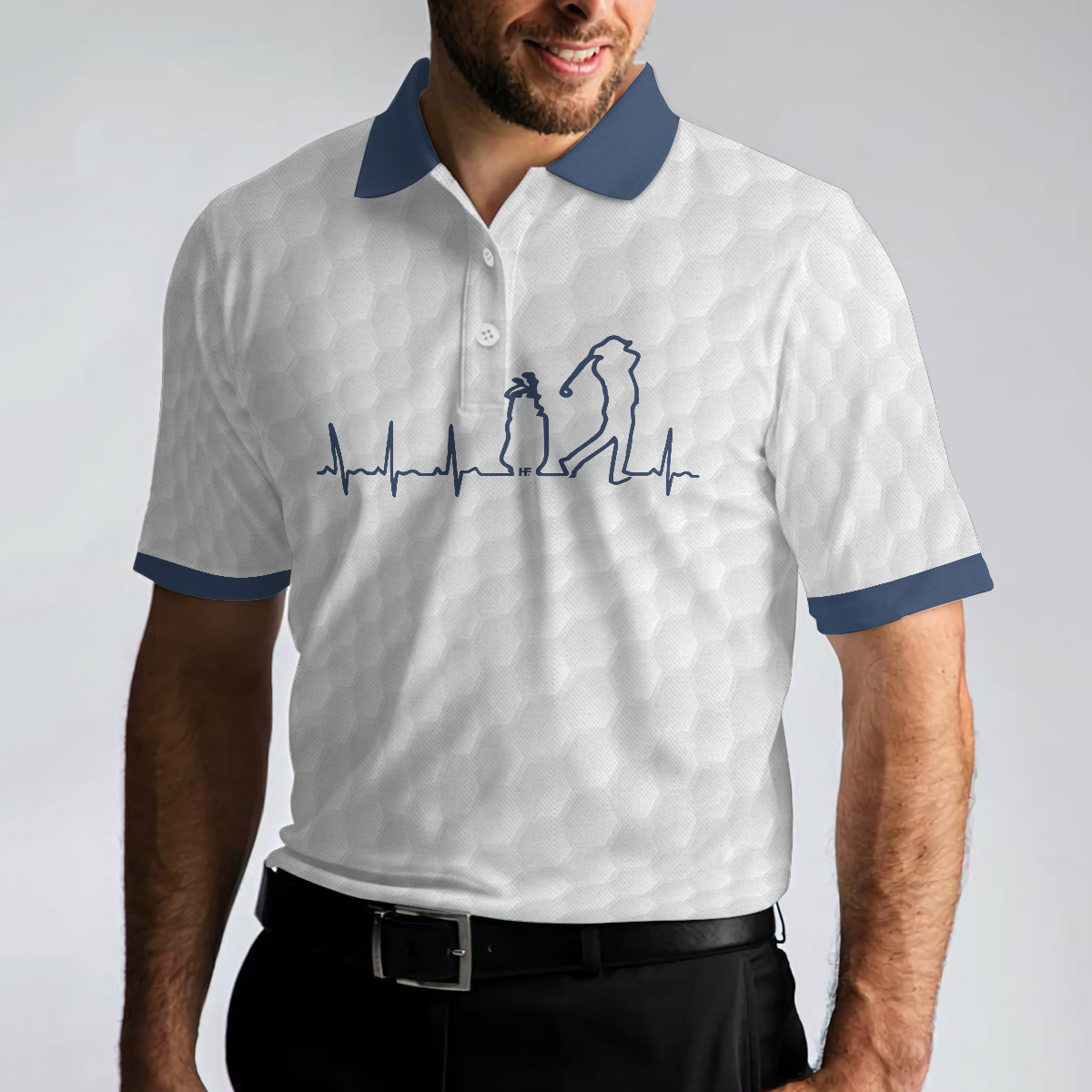 Heartbeat Golfer White And Navy Golf Polo Shirt For Men, Best Gift For Golfers