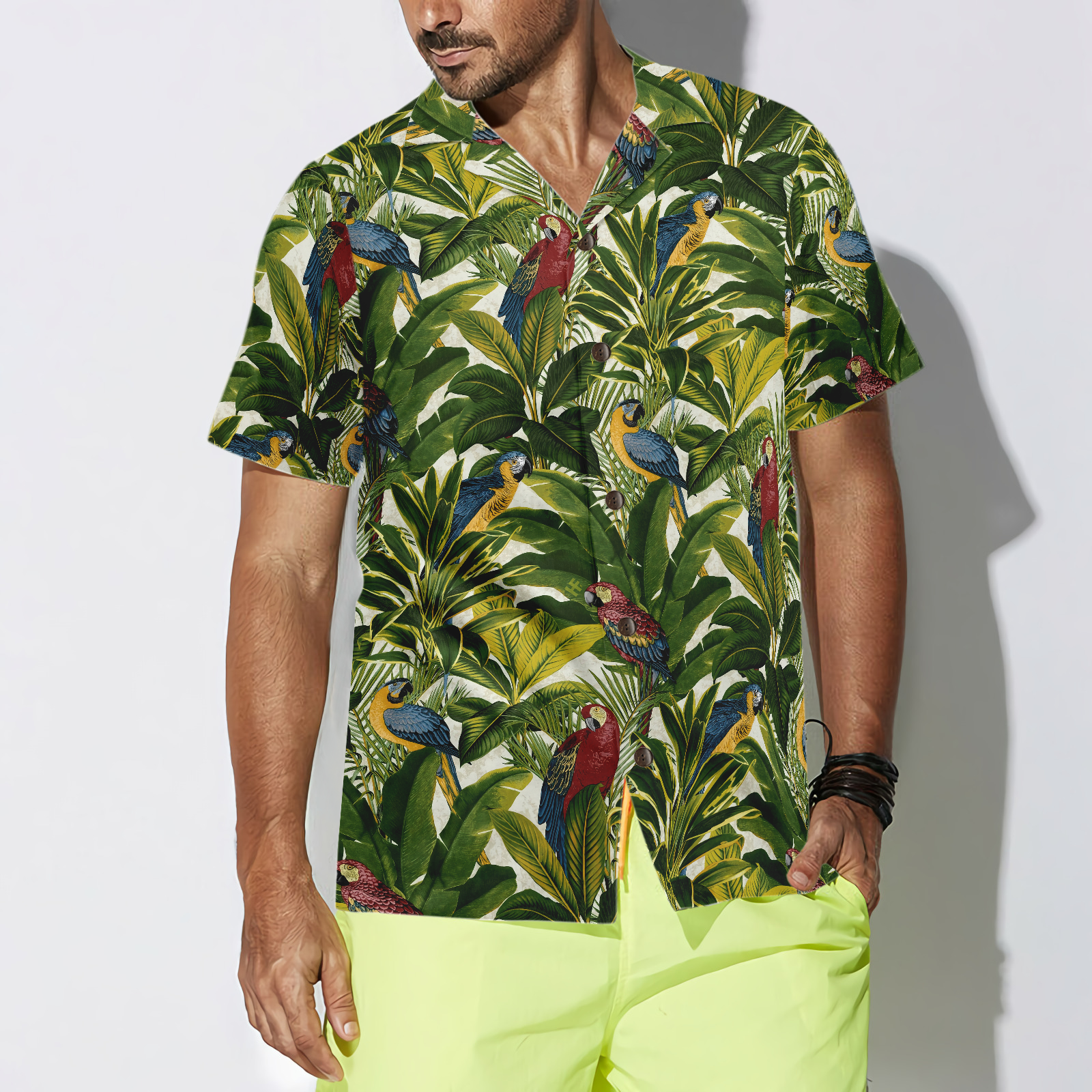 Exotic Parrots Tropical Leaves Hawaiian Shirt