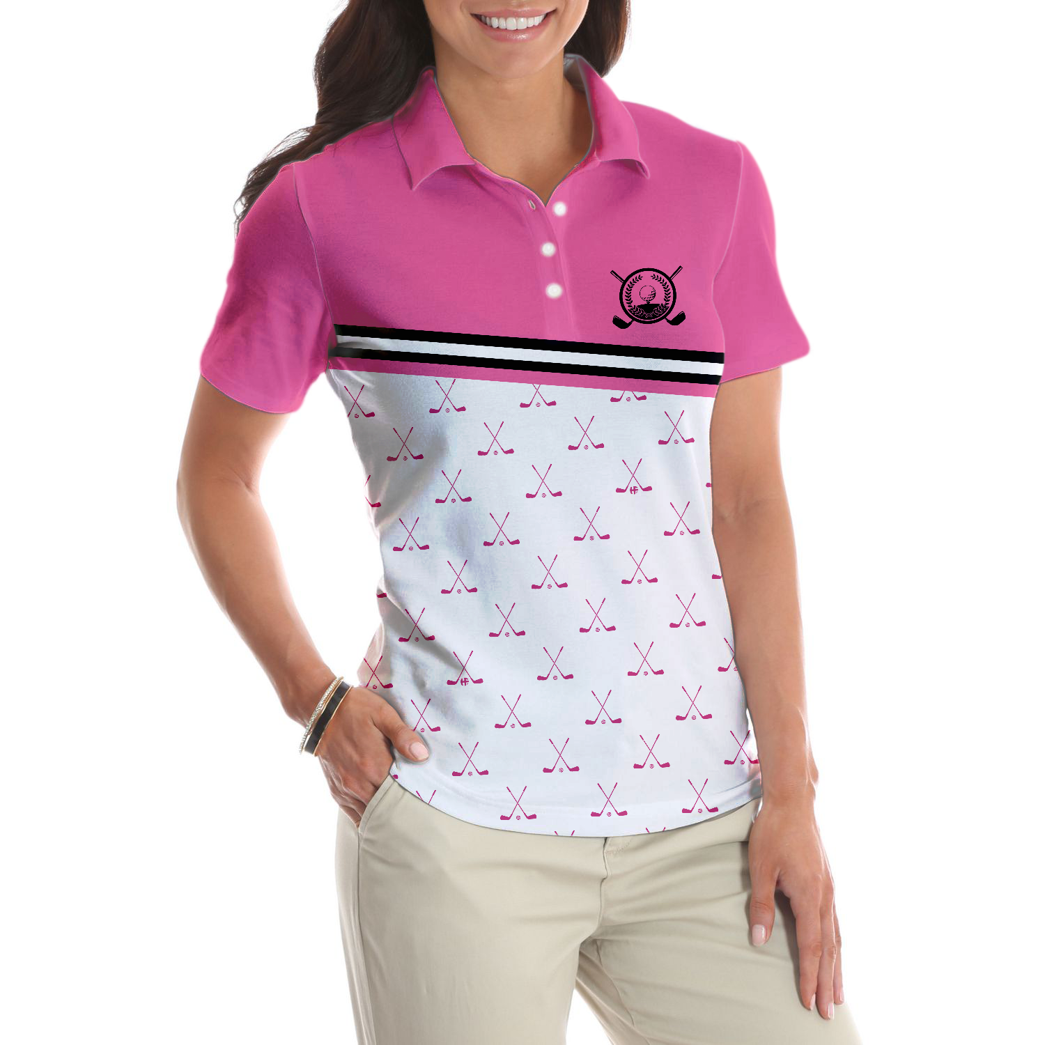 Crossed Pink Golf Clubs Golf Short Sleeve Women Polo Shirt