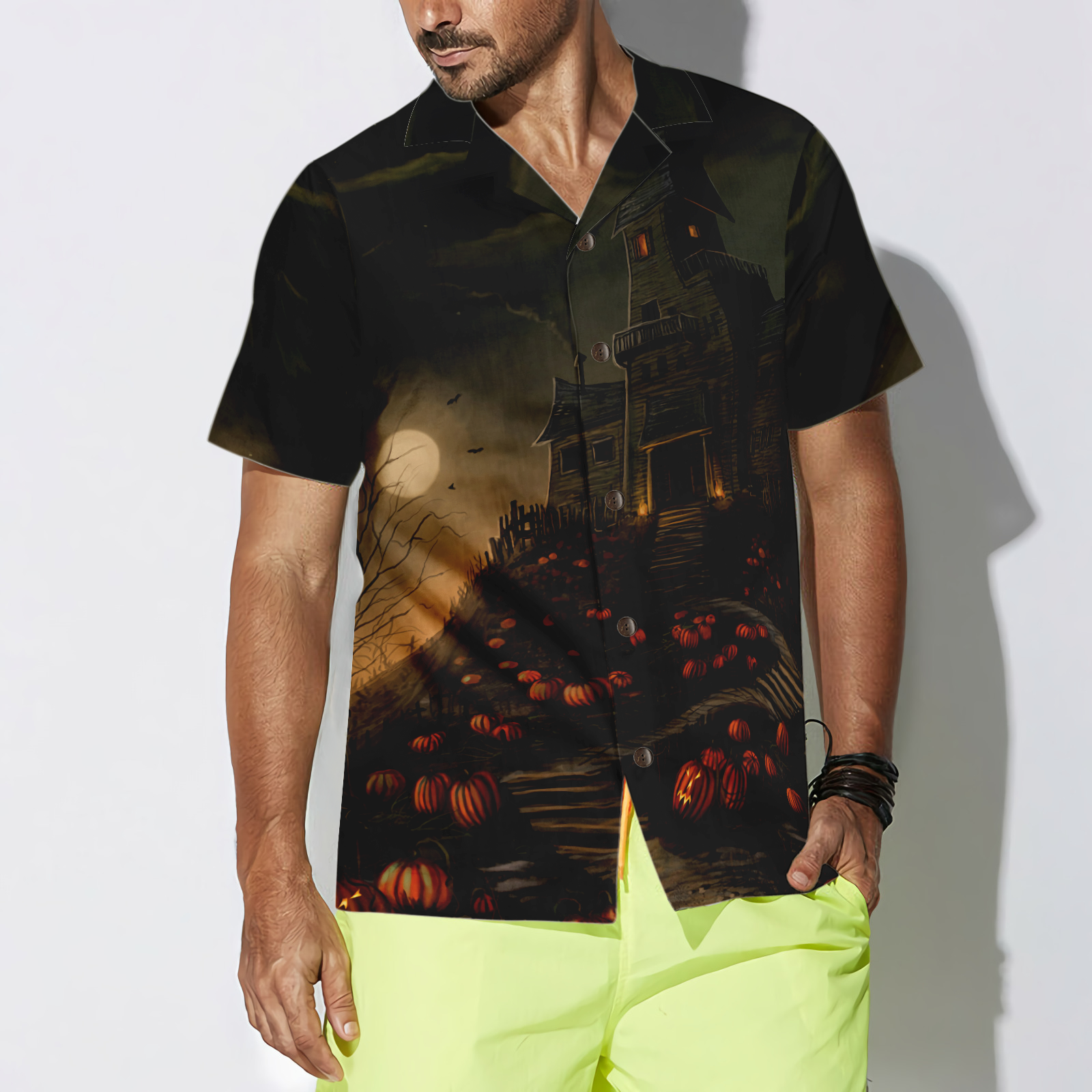 Halloween Haunted House On The Hill With Pumpkin Hawaiian Shirt, Full Moon Haunted Jack-o'-lantern Hawaiian Shirt For Men