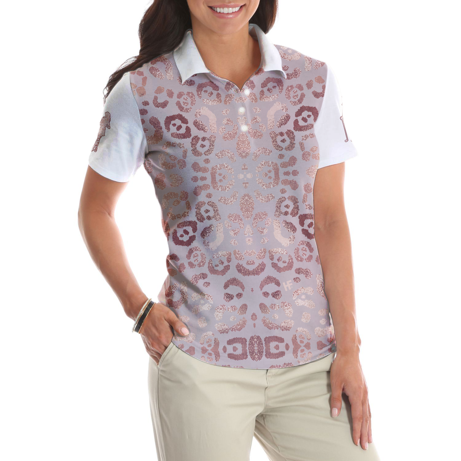 Rose Gold Leopard Print Short Sleeve Women Polo Shirt