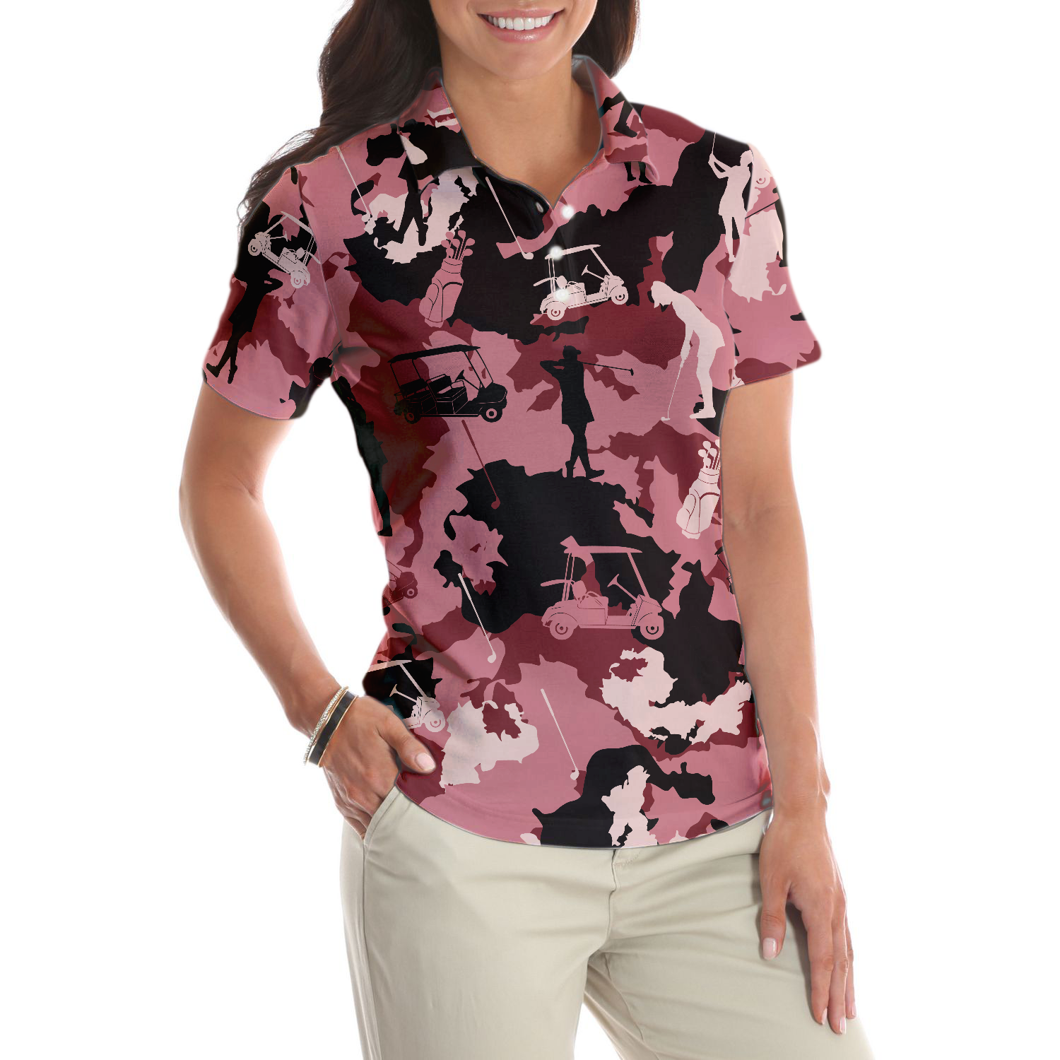 Golf Girl Camouflage Short Sleeve Women Polo Shirt, Pink Camo Golf Shirt For Ladies, Cool Golf Gift For Women