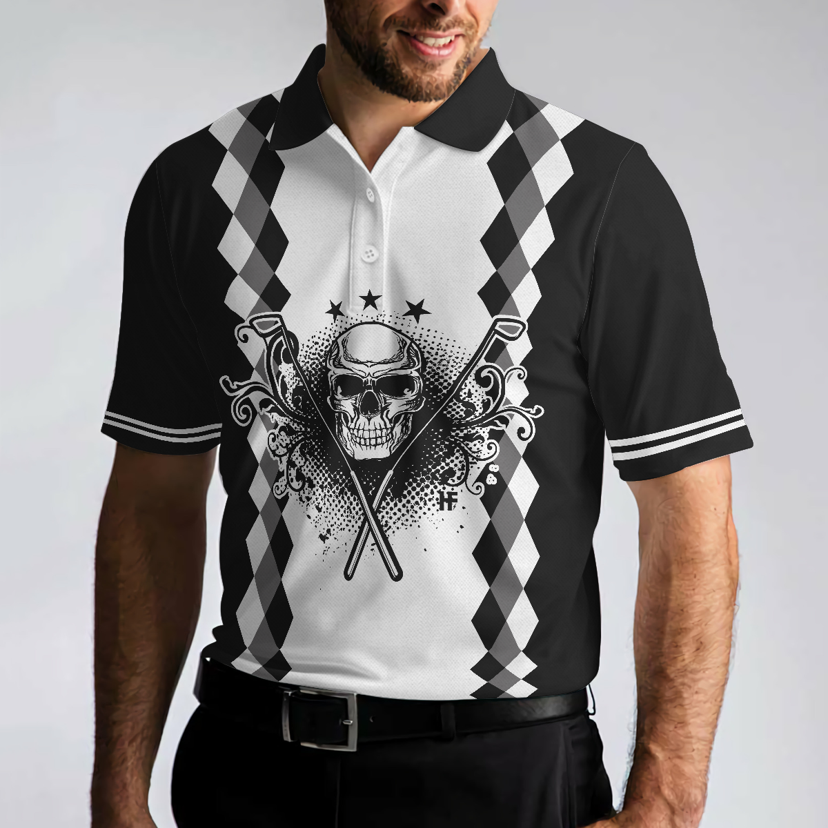 Grandpa Is My Name Golf Is My Game Golf Polo Shirt, Black And White Argyle Pattern Golf Shirt For Men