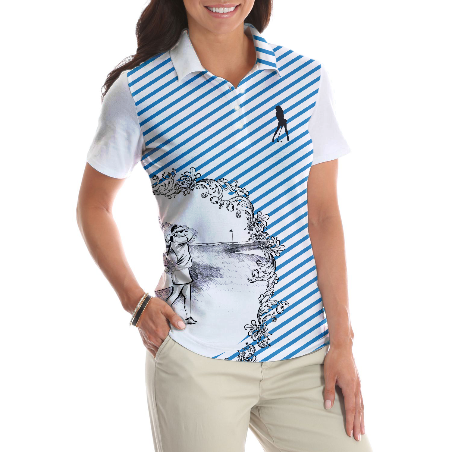 Blue Striped And Sketching Golf Girl Golf Short Sleeve Women Polo Shirt, Best Gift For Female Golfers