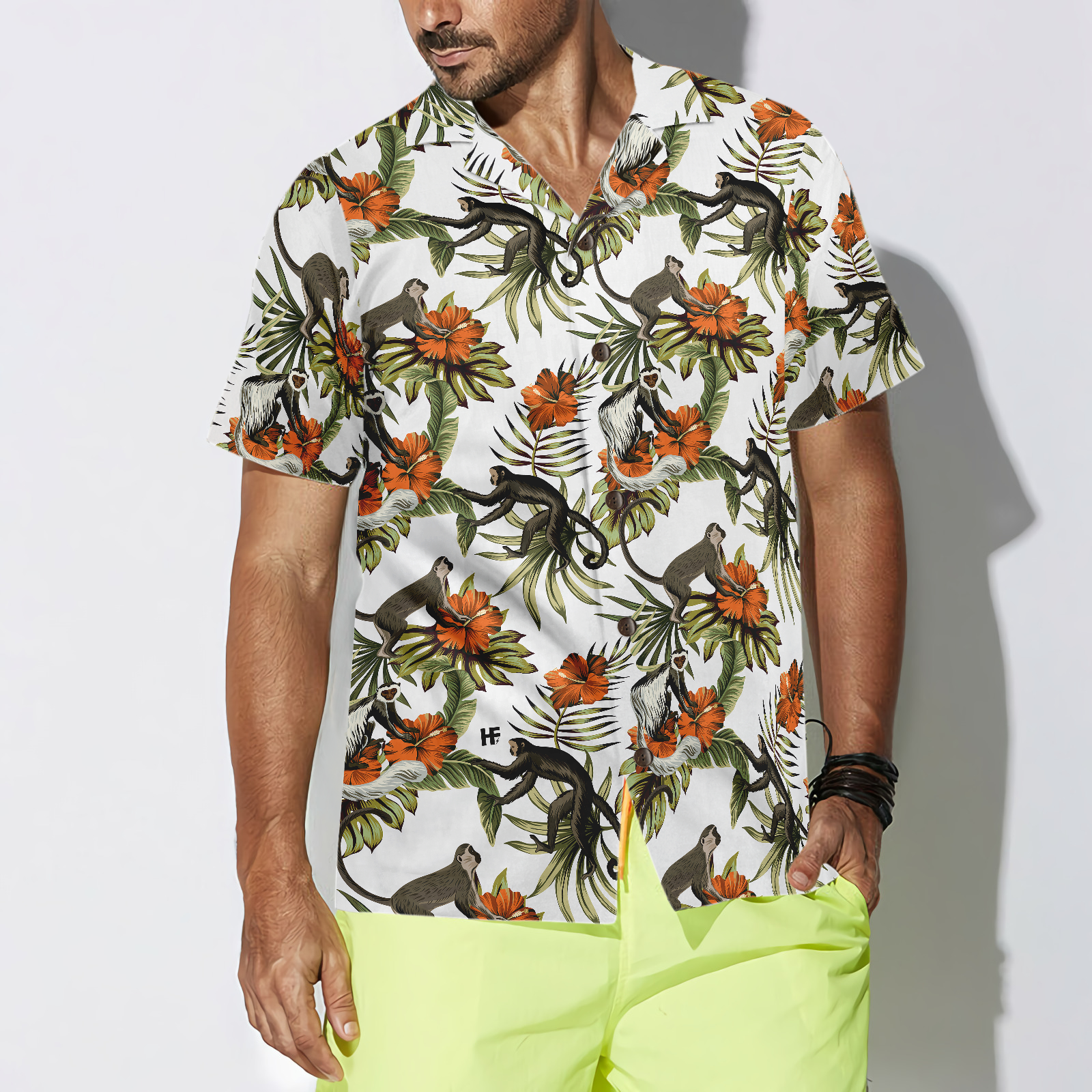 Tropical Red Hibiscus Flower Monkey Shirt For Men Hawaiian Shirt
