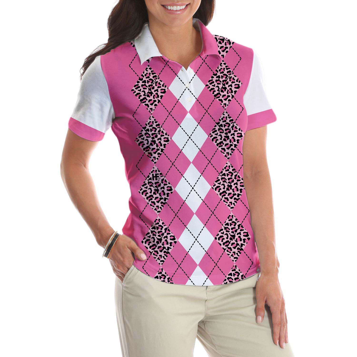 Are You Staring At My Putt Again Golf Short Sleeve Women Polo Shirt, White And Pink Argyle Pattern Golf Shirt For Ladies
