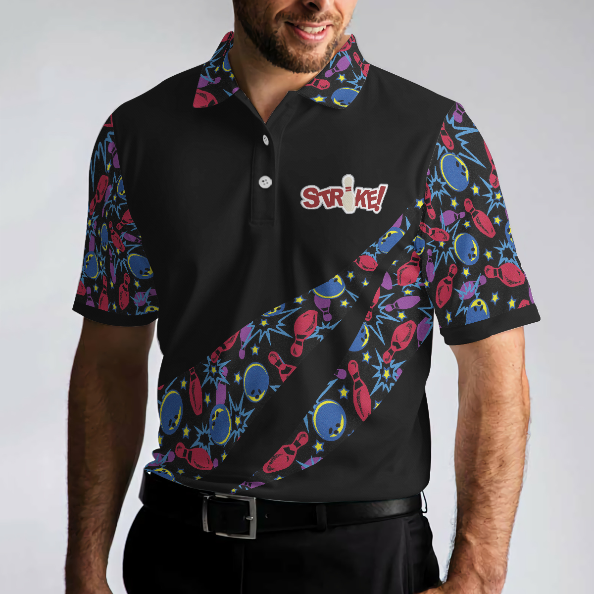 Split Happen Polo Shirt, Bowling Ball & Pin Seamless Pattern Bowling Shirt For Men