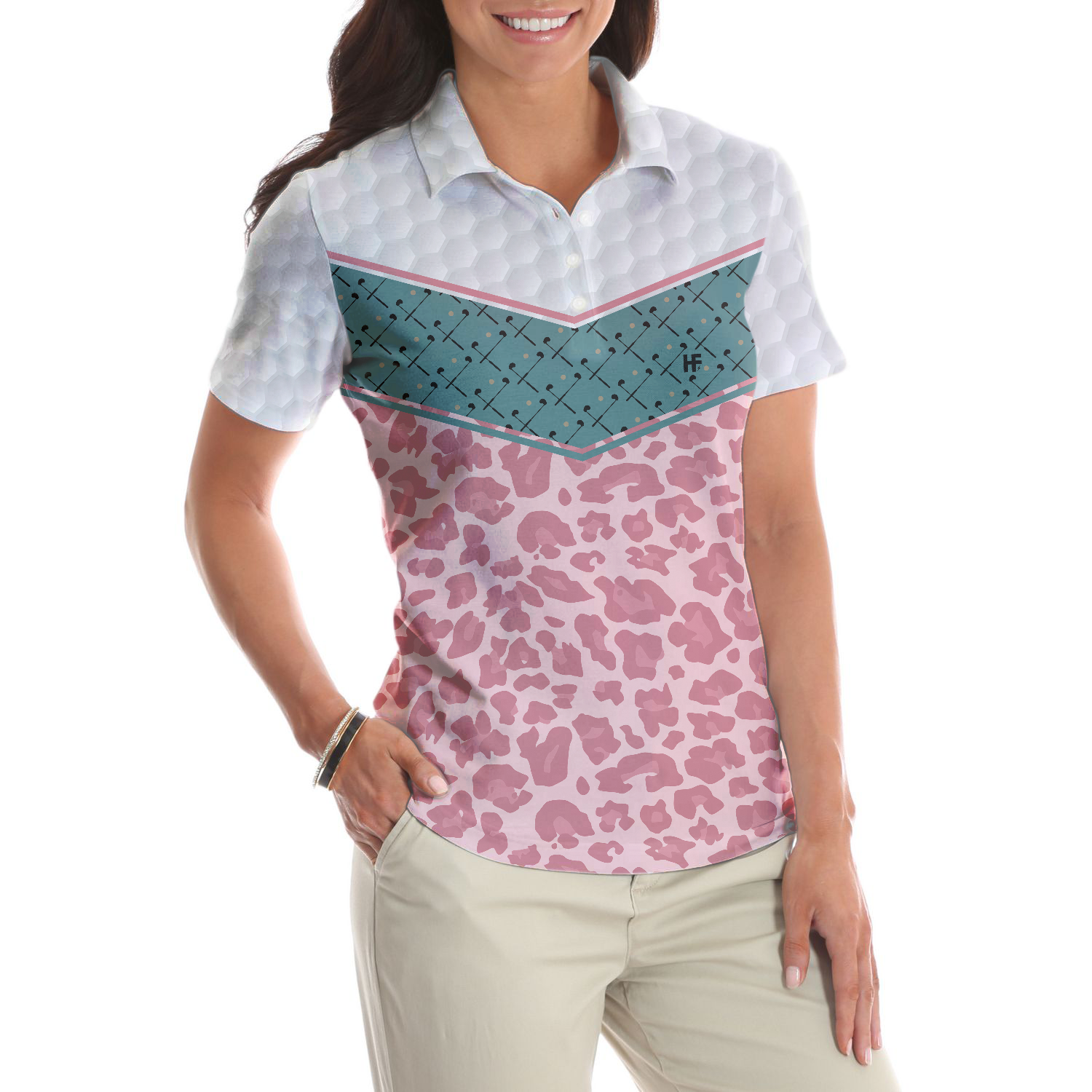 Striped Polo Golf Girl Seamless Pattern Golf Short Sleeve Women Polo Shirt, Leopard Golf Shirt For Ladies