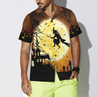 Halloween Night Flying Witch Over A Castle Hawaiian Shirt, Full Moon Pumpkin Graveyard Zombie Hawaiian Shirt For Men